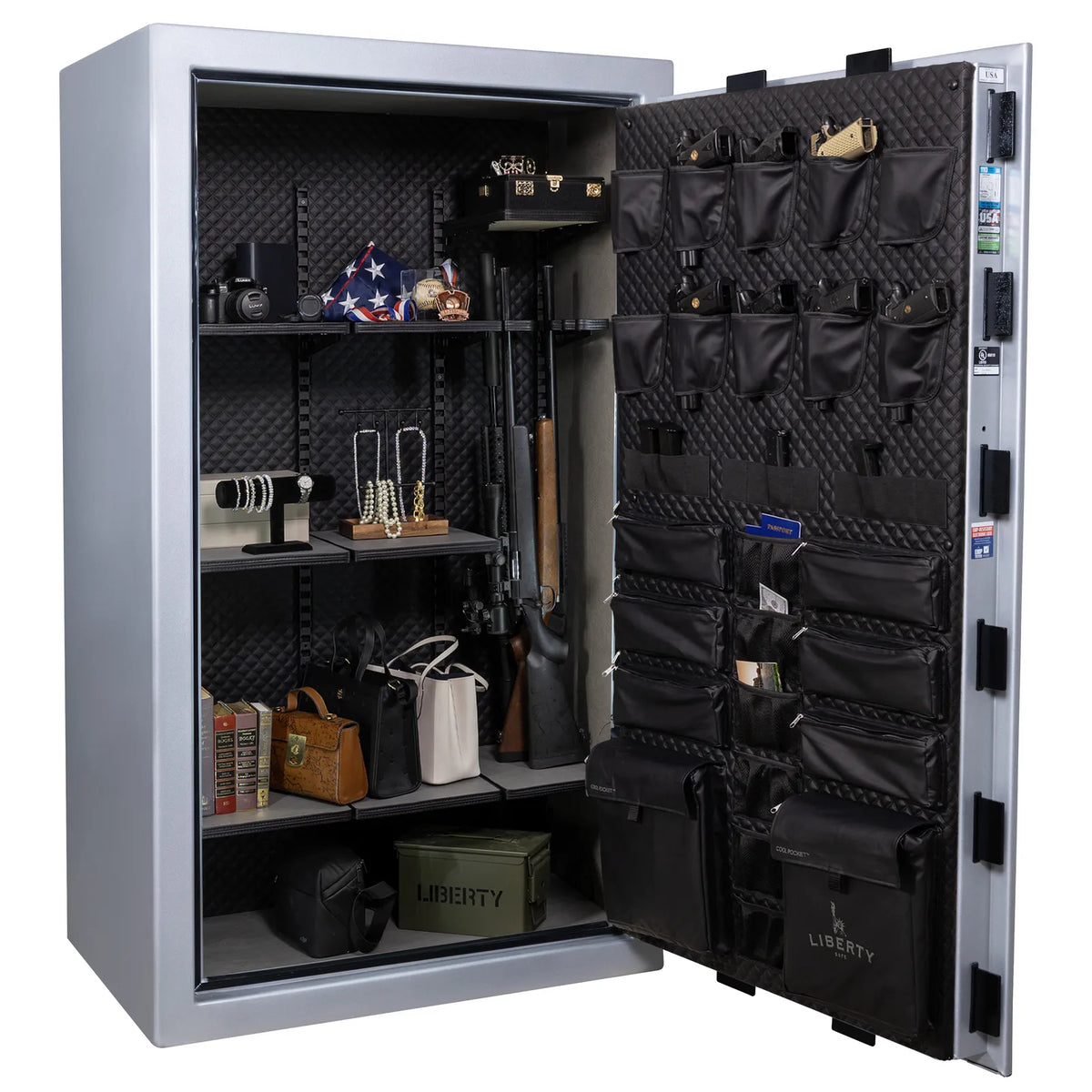 Liberty Franklin 50 safe in Glacial Steel with Black Chrome hardware, Signature Diamond Stitched Leather interior, loaded storage configuration.