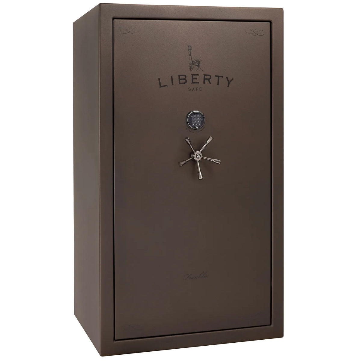 Liberty Franklin 50 safe in Bronze Textured with Black Chrome hardware and S&G electronic lock, exterior view.
