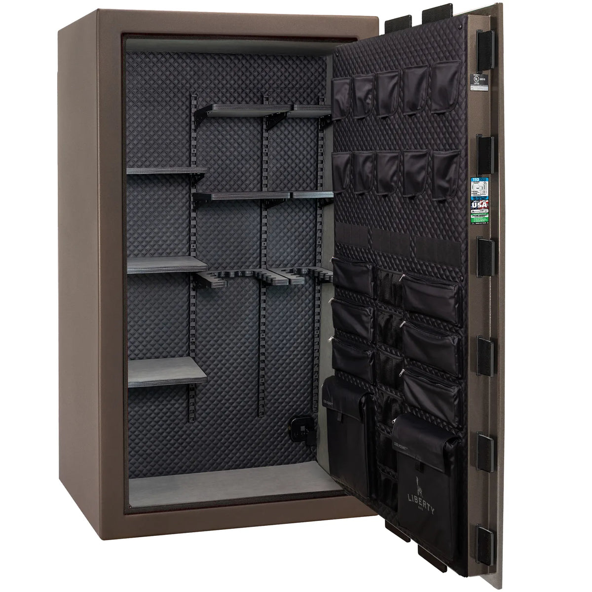 Liberty Franklin 50 safe in Bronze Textured with Black Chrome hardware, Signature Diamond Stitched Leather interior, empty.
