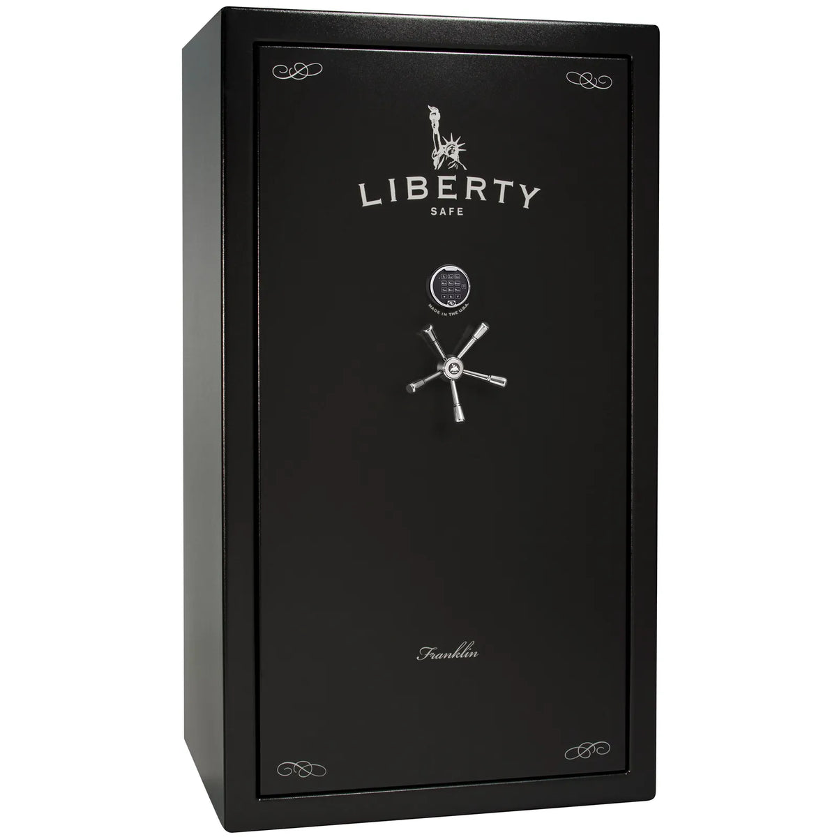 Liberty Franklin 50 safe in Textured Black with Chrome hardware and S&G electronic lock, exterior view.