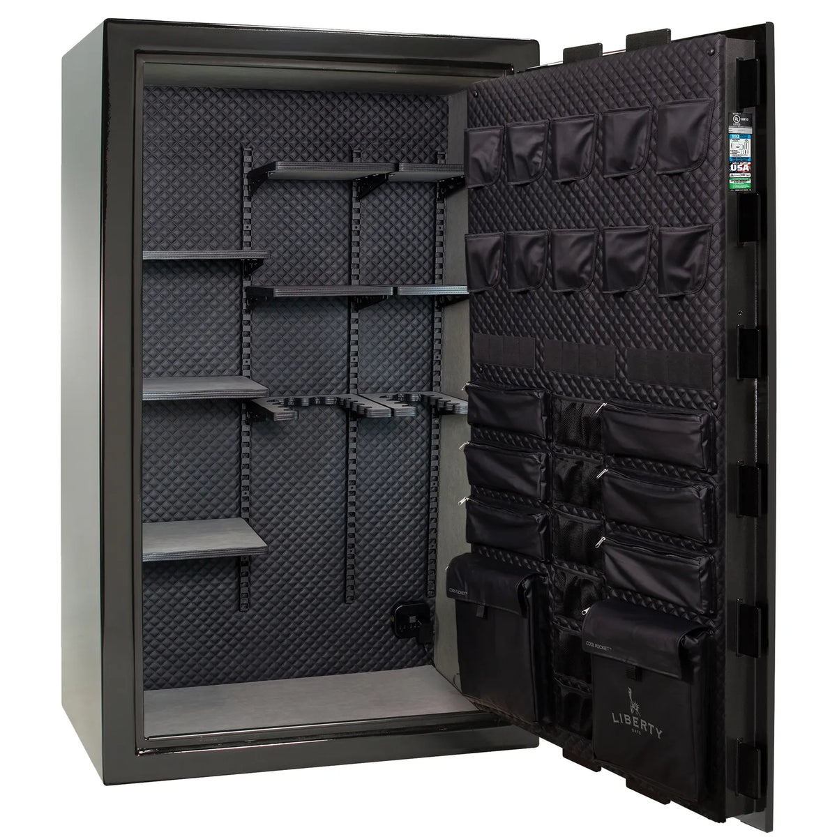 Liberty Franklin 50 safe in Textured Black with Chrome hardware, Signature Diamond Stitched Leather interior, empty.