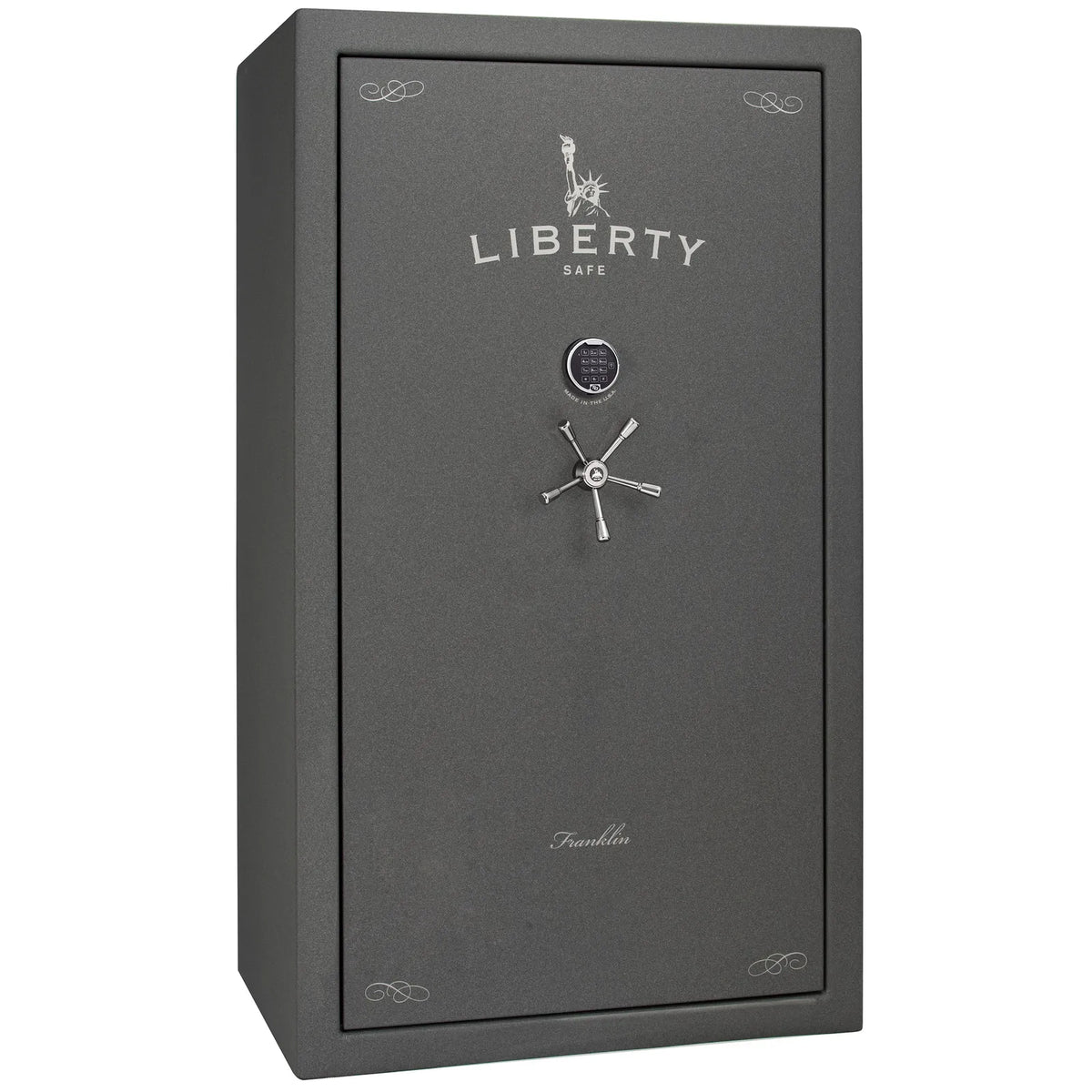 Liberty Franklin 50 safe in Textured Granite with Chrome hardware and S&G electronic lock, exterior view.