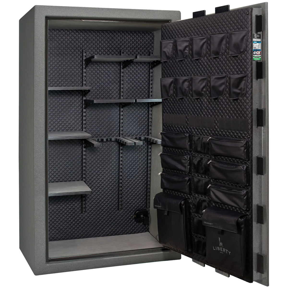 Liberty Franklin 50 safe in Textured Granite with Chrome hardware, Signature Diamond Stitched Leather interior, empty.