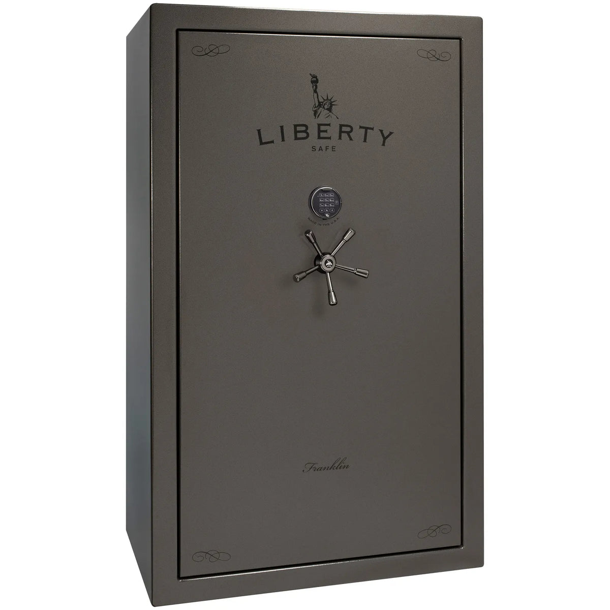 Liberty Franklin 50 safe in Gray Marble with Black Chrome hardware and S&G electronic lock, exterior view.