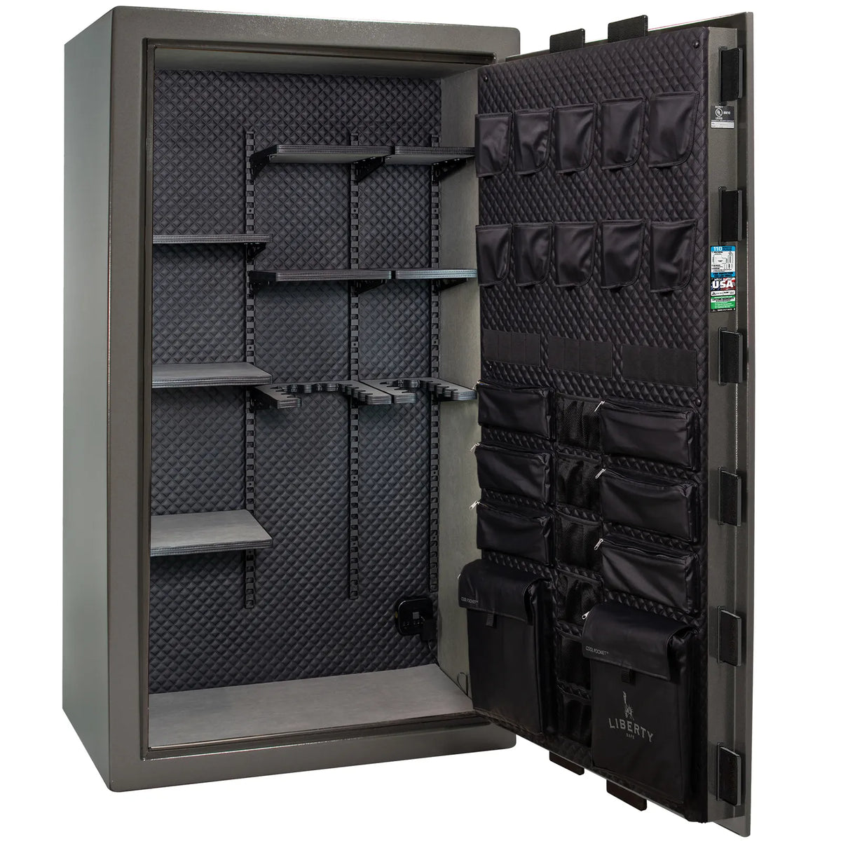 Liberty Franklin 50 safe in Gray Marble with Black Chrome hardware, Signature Diamond Stitched Leather interior, empty.