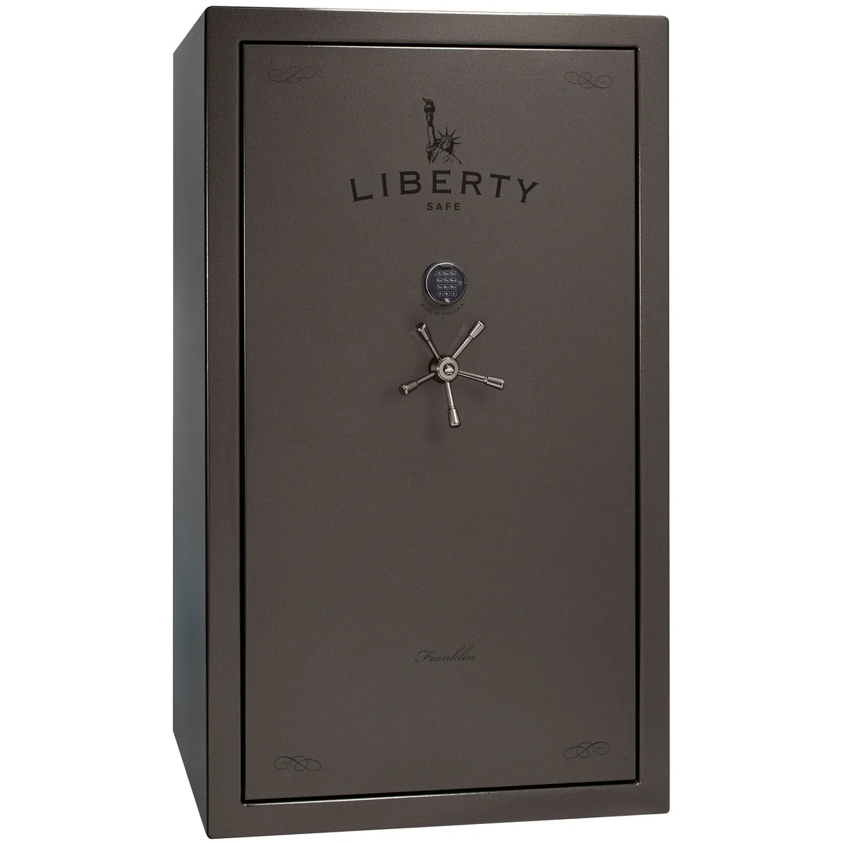 Liberty Franklin 50 safe in Gray Gloss with Black Chrome hardware and S&G electronic lock, exterior view.