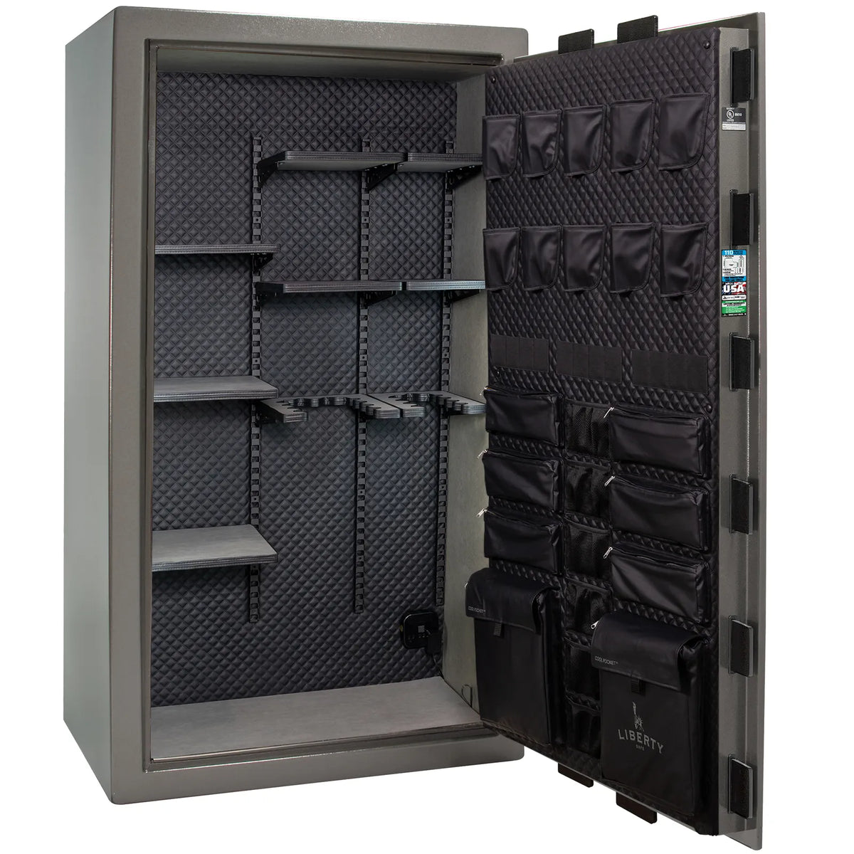 Liberty Franklin 50 safe in Gray Gloss with Black Chrome hardware, Signature Diamond Stitched Leather interior, empty.