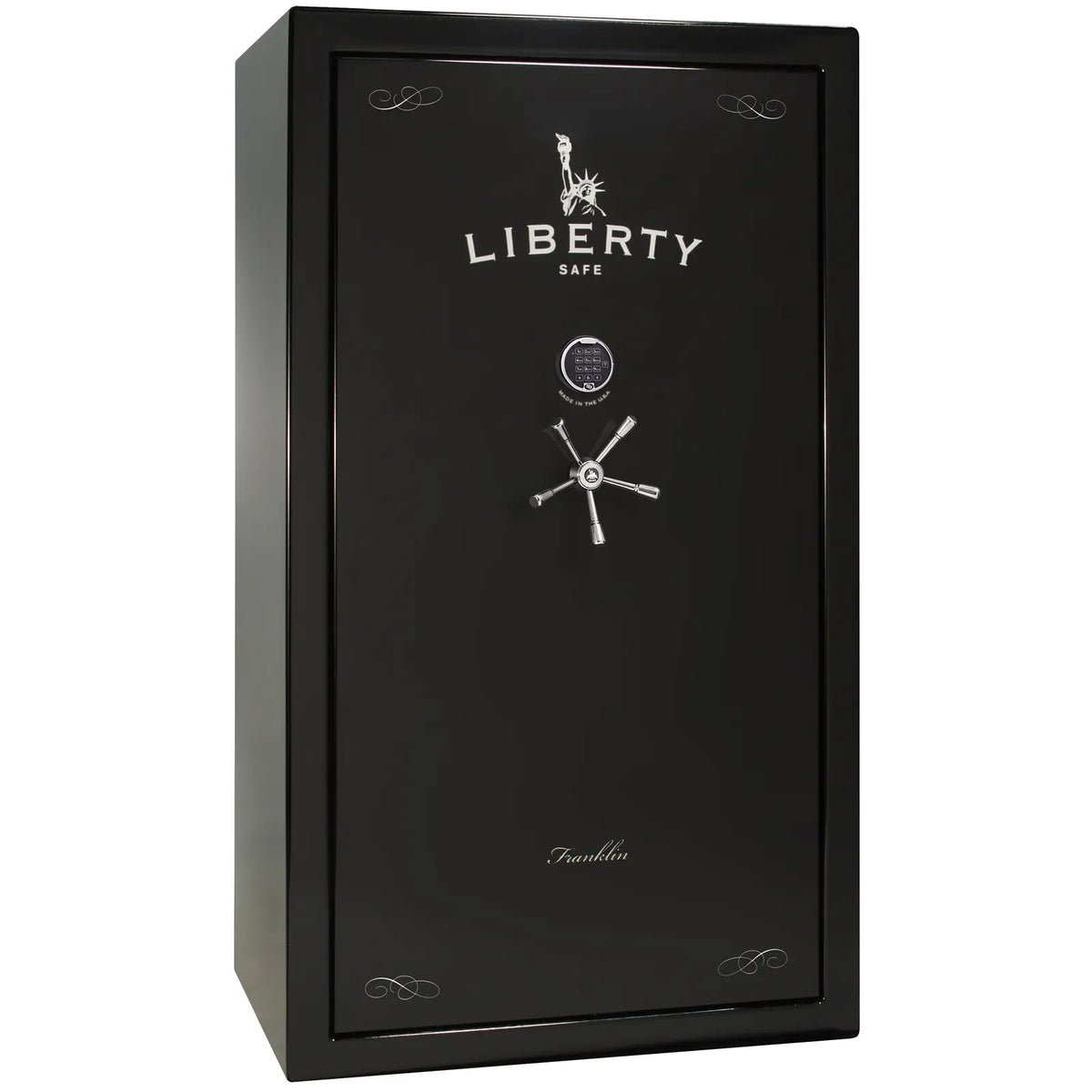 Liberty Franklin 50 safe in Black Gloss with Chrome hardware and S&G electronic lock, exterior view.