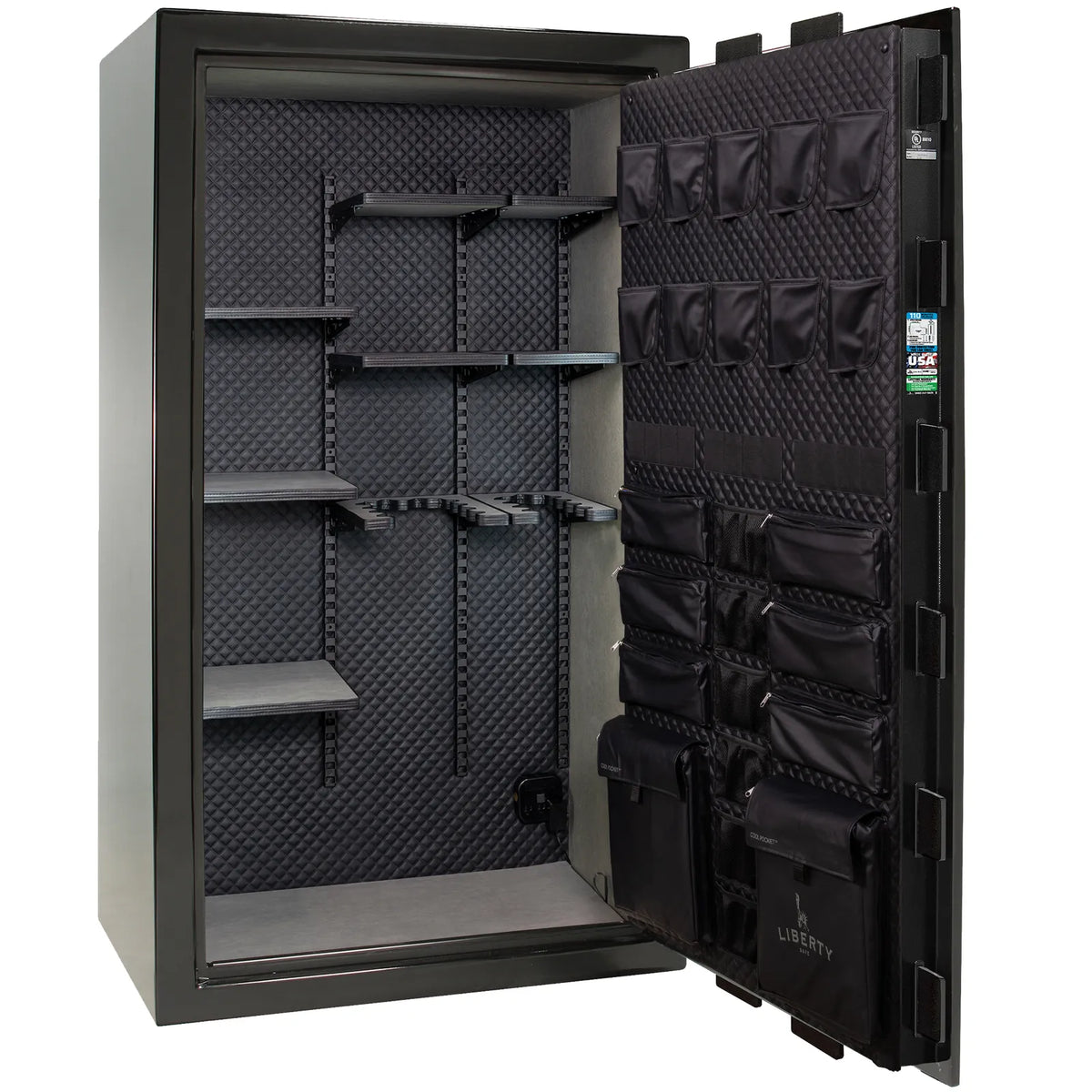 Liberty Franklin 50 safe in Black Gloss with Chrome hardware, Signature Diamond Stitched Leather interior, empty.