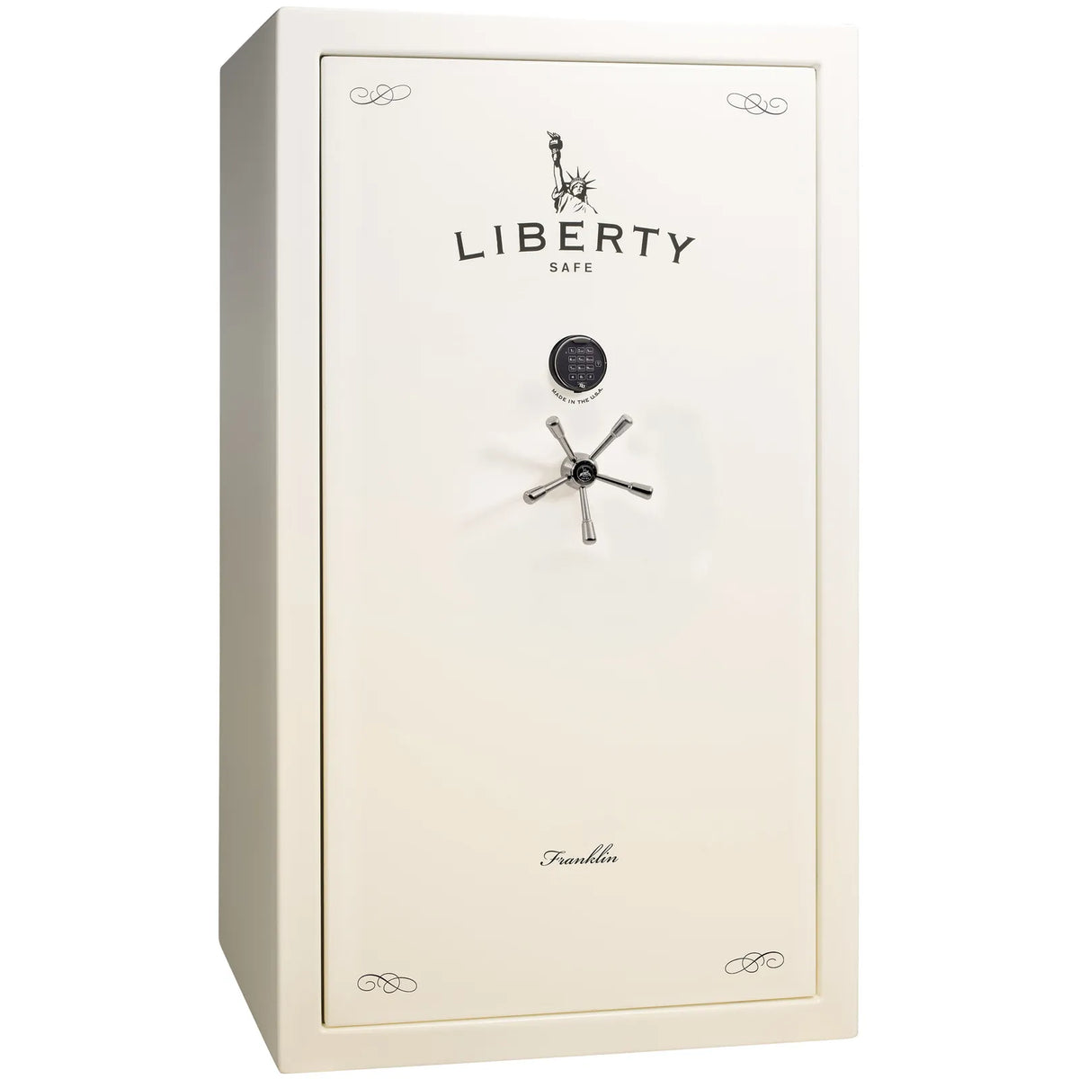 Liberty Franklin 50 safe in White Gloss with Black Chrome hardware and S&G electronic lock, exterior view.