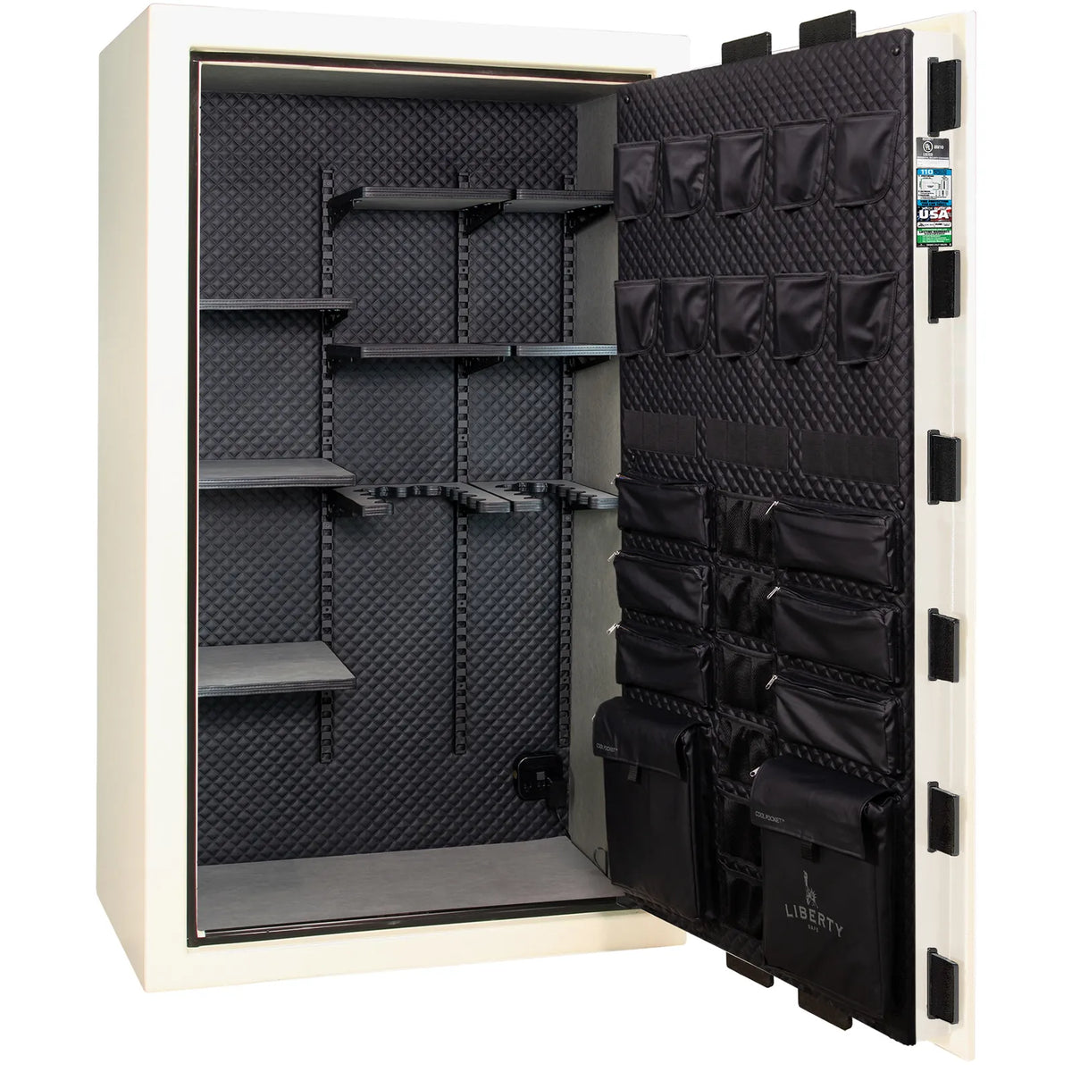 Liberty Franklin 50 safe in White Gloss with Black Chrome hardware, Signature Diamond Stitched Leather interior, empty.