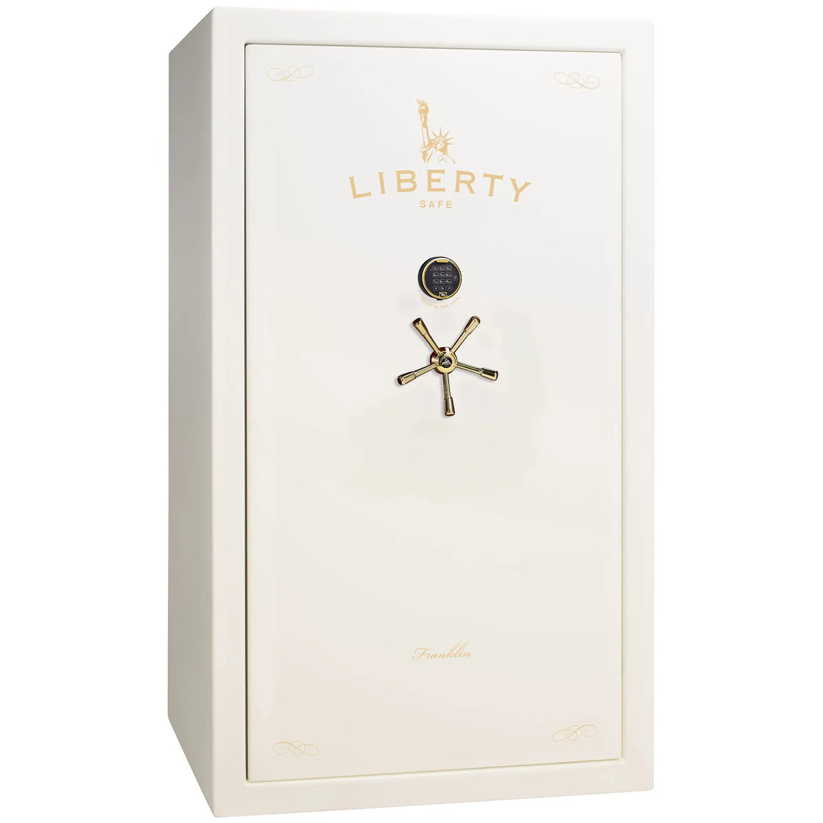 Liberty Franklin 50 safe in White Gloss with Brass hardware and S&G electronic lock, exterior view.