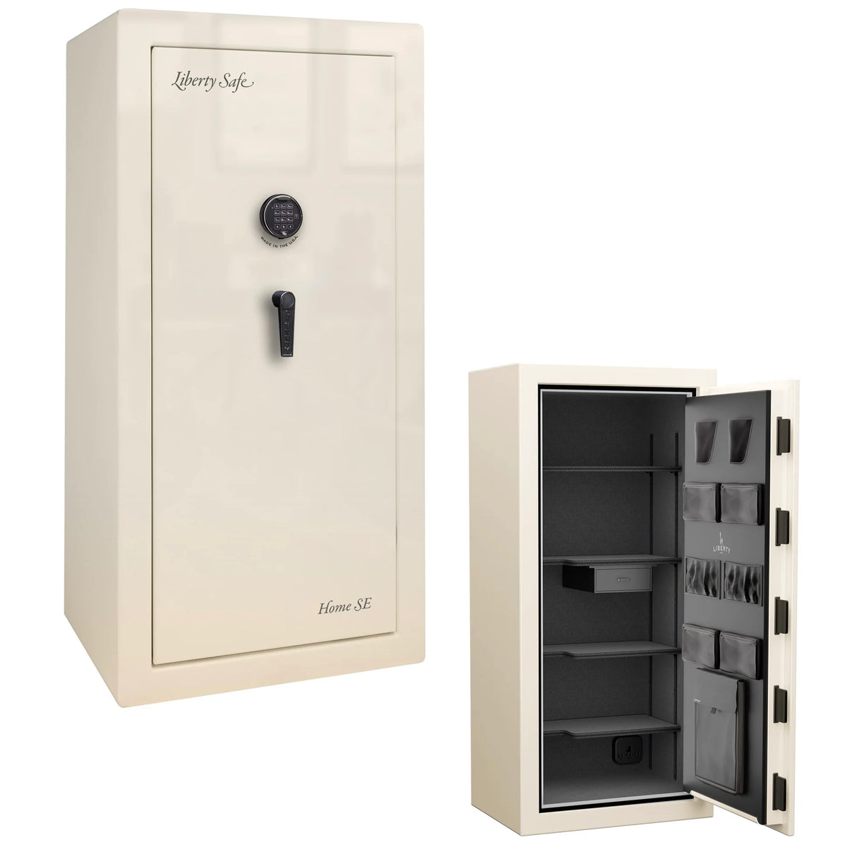 Liberty Safe Home SE in WHITE IVORY GLOSS with Black Chrome Electronic Lock.