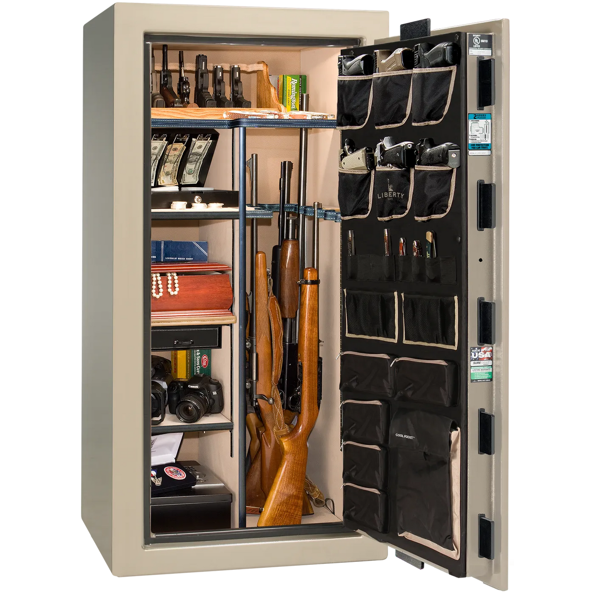 Interior of Liberty Lincoln 25 safe in Champagne Gloss with Black Chrome hardware
