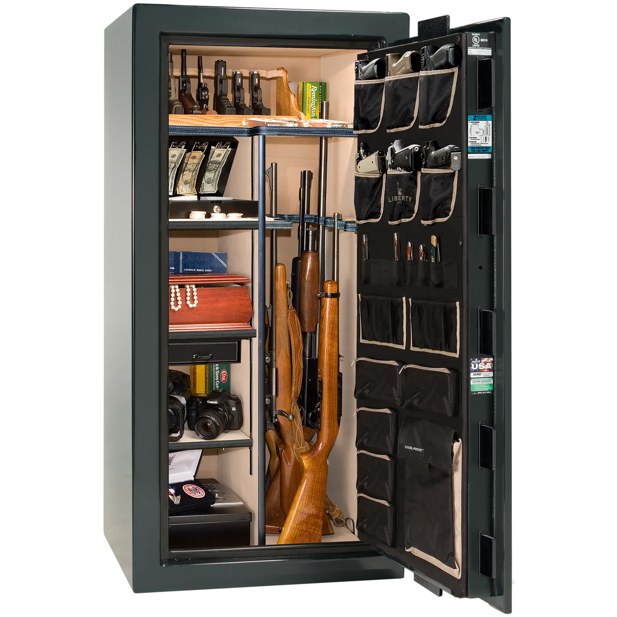 Interior of Liberty Lincoln 25 safe in Green Gloss with Brass hardware