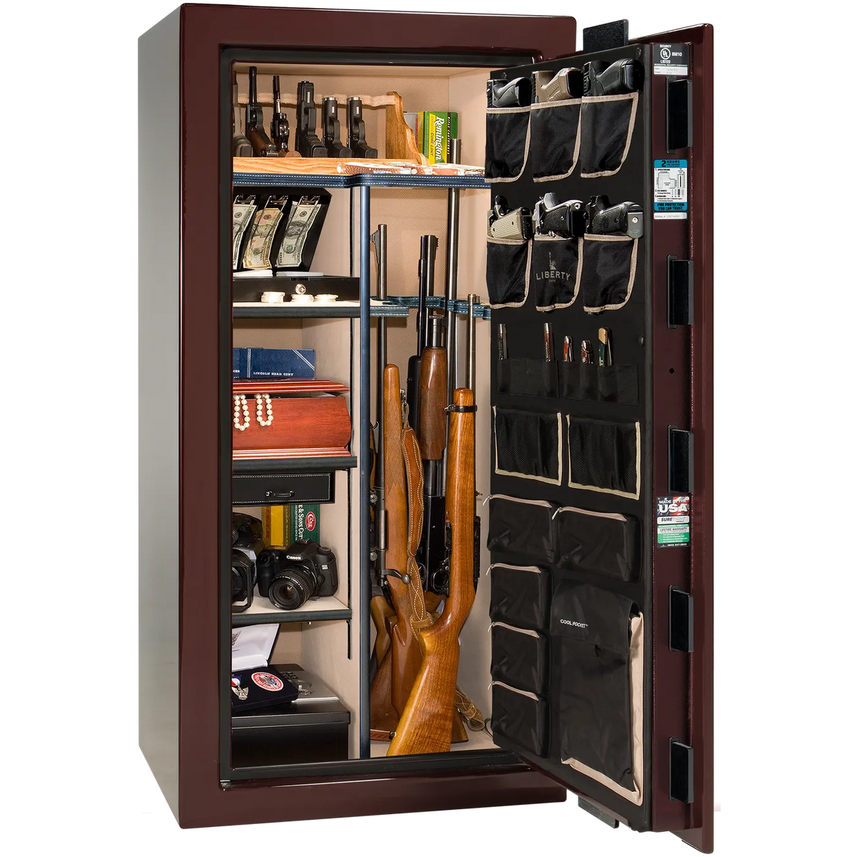 Interior of Liberty Lincoln 25 safe in Burgundy Gloss with Brass hardware