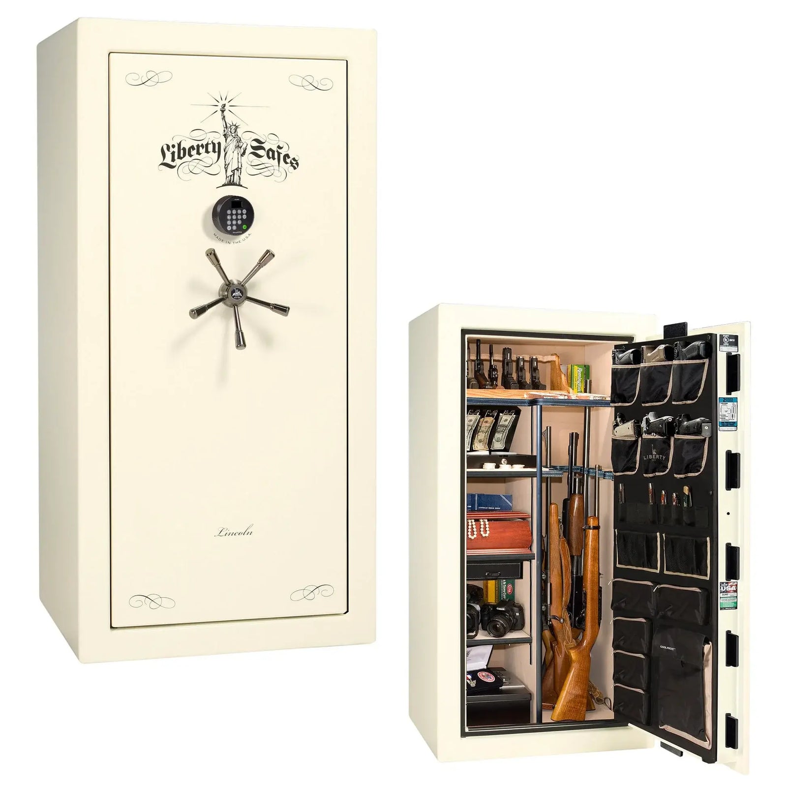 Liberty Lincoln 25 safe in White Marble with Black Chrome hardware – exterior with Standard interior
