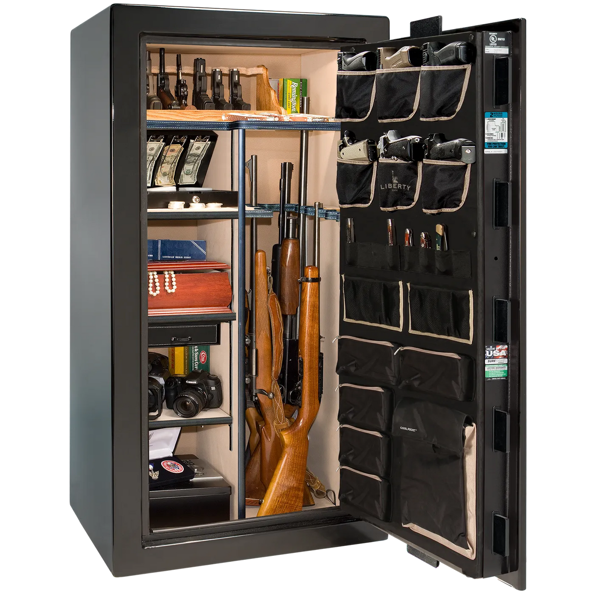 Interior of Liberty Lincoln 25 safe in Black Mirror Gloss with Brass hardware