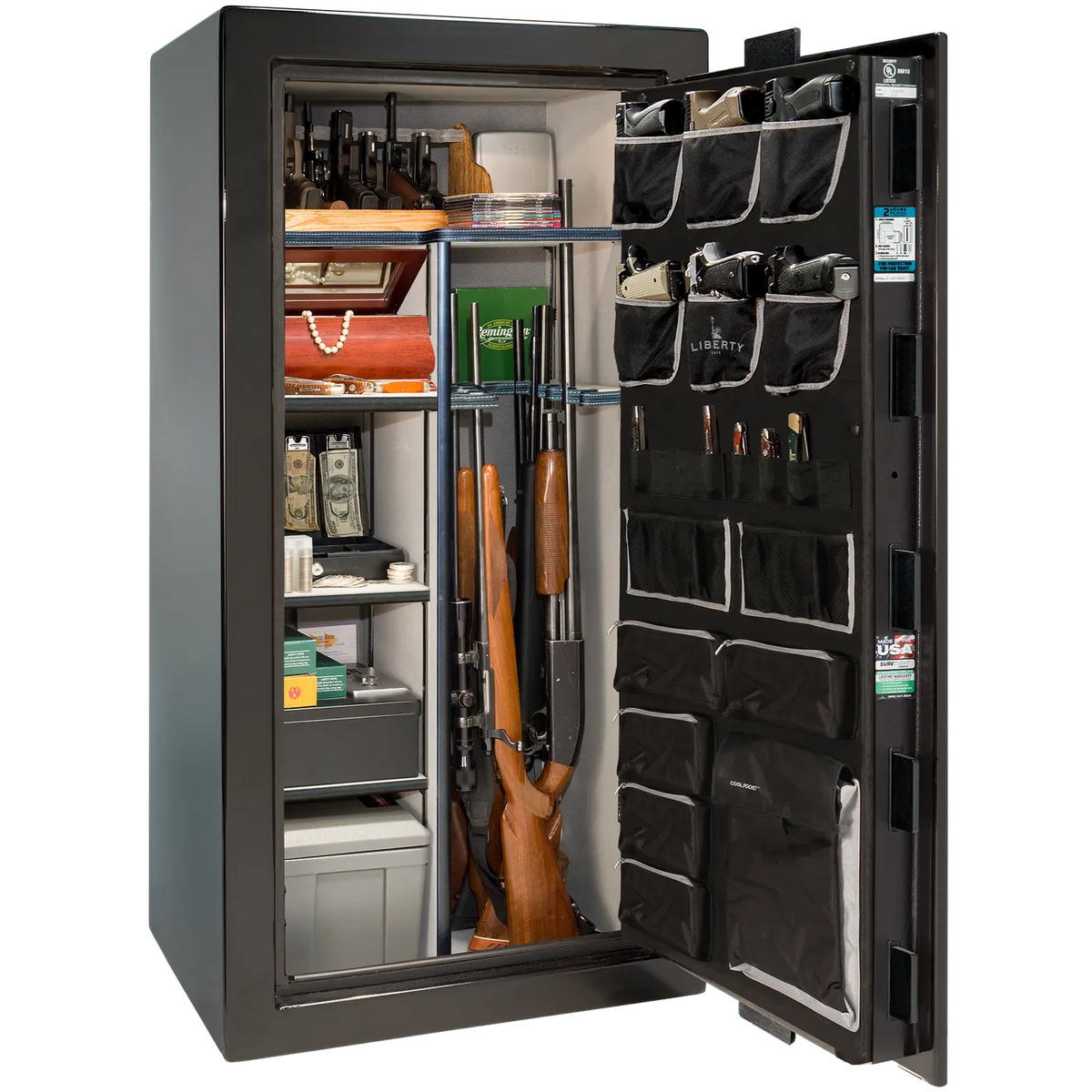 Interior of Liberty Lincoln 25 safe in Black Mirror Gloss with Chrome hardware