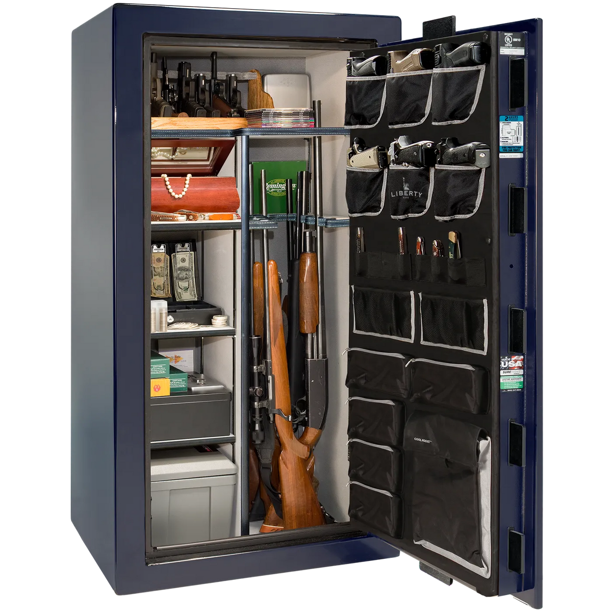 Interior of Liberty Lincoln 25 safe in Blue Mirror Gloss with Chrome hardware