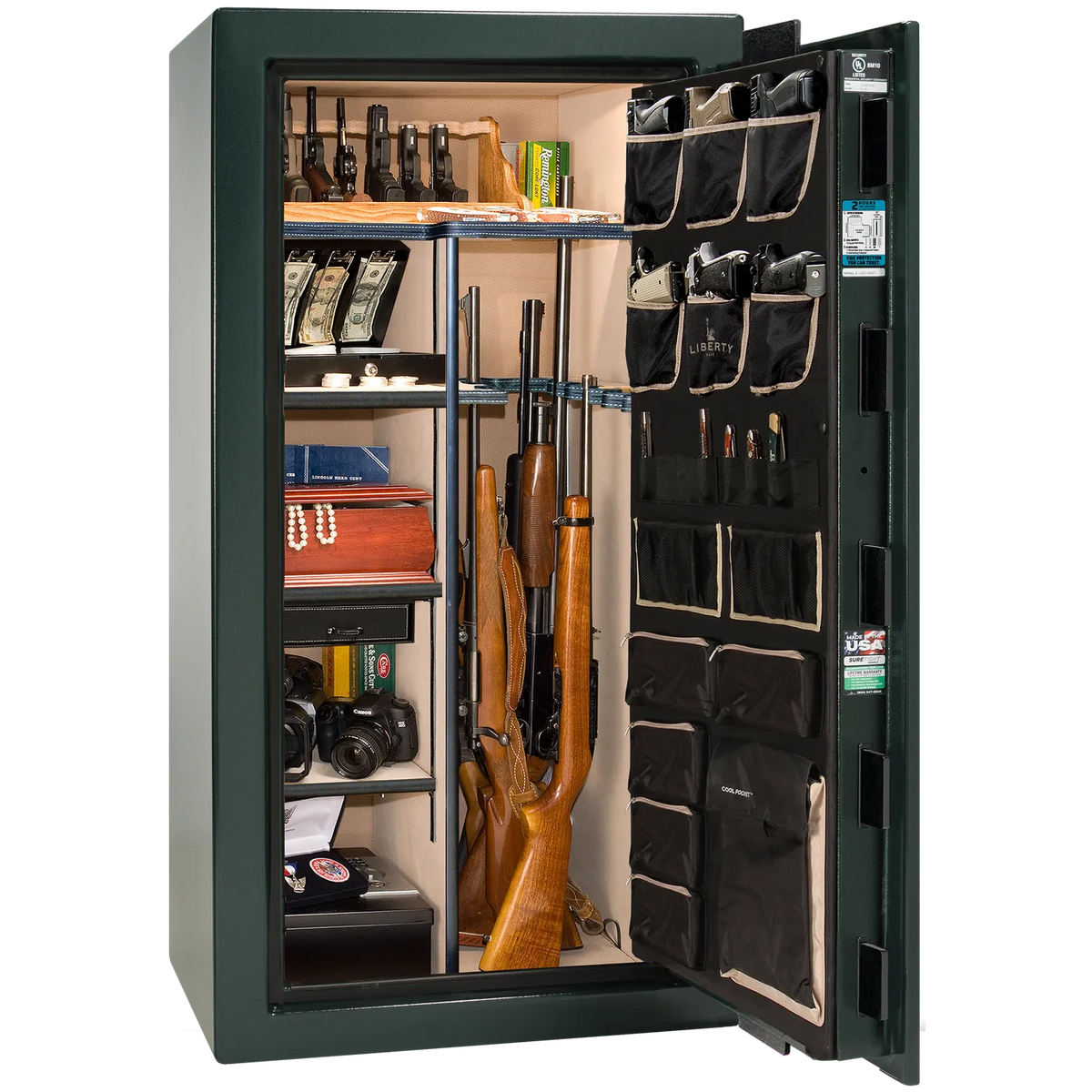 Interior of Liberty Lincoln 25 safe in Green Marble with Black Chrome hardware