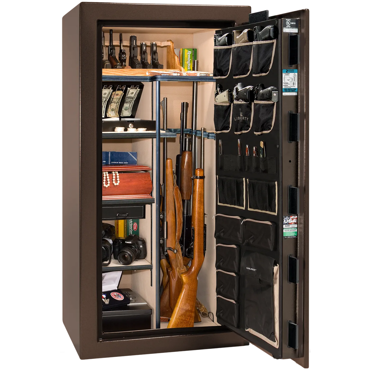 Interior of Liberty Lincoln 25 safe in Bronze Gloss with Black Chrome hardware