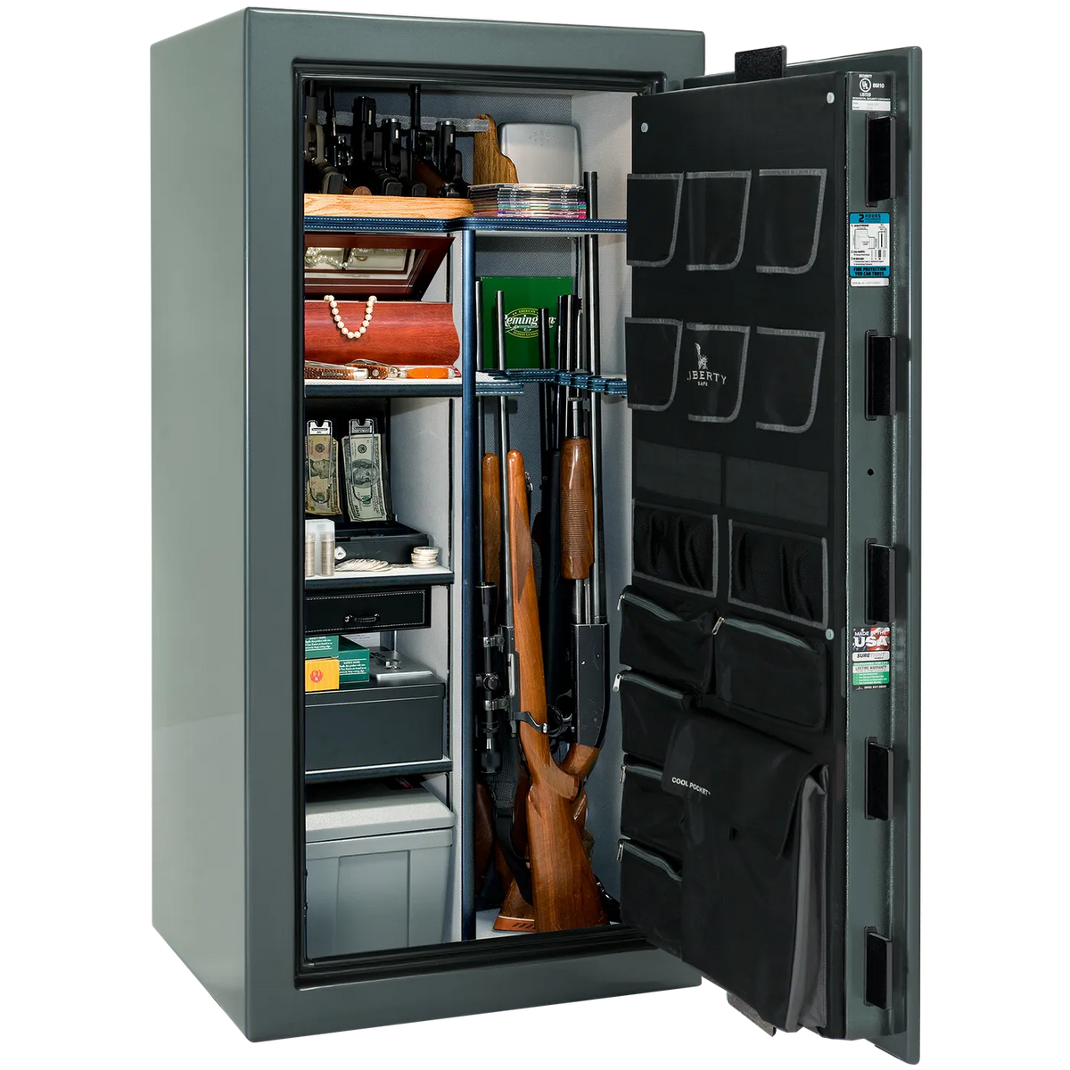 Interior of Liberty Lincoln 25 safe in Forest Mist Gloss with Black Chrome hardware