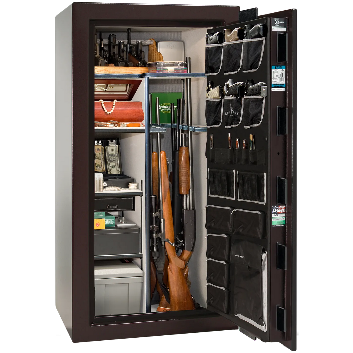 Interior of Liberty Lincoln 25 safe in Black Cherry Gloss with Black Chrome hardware