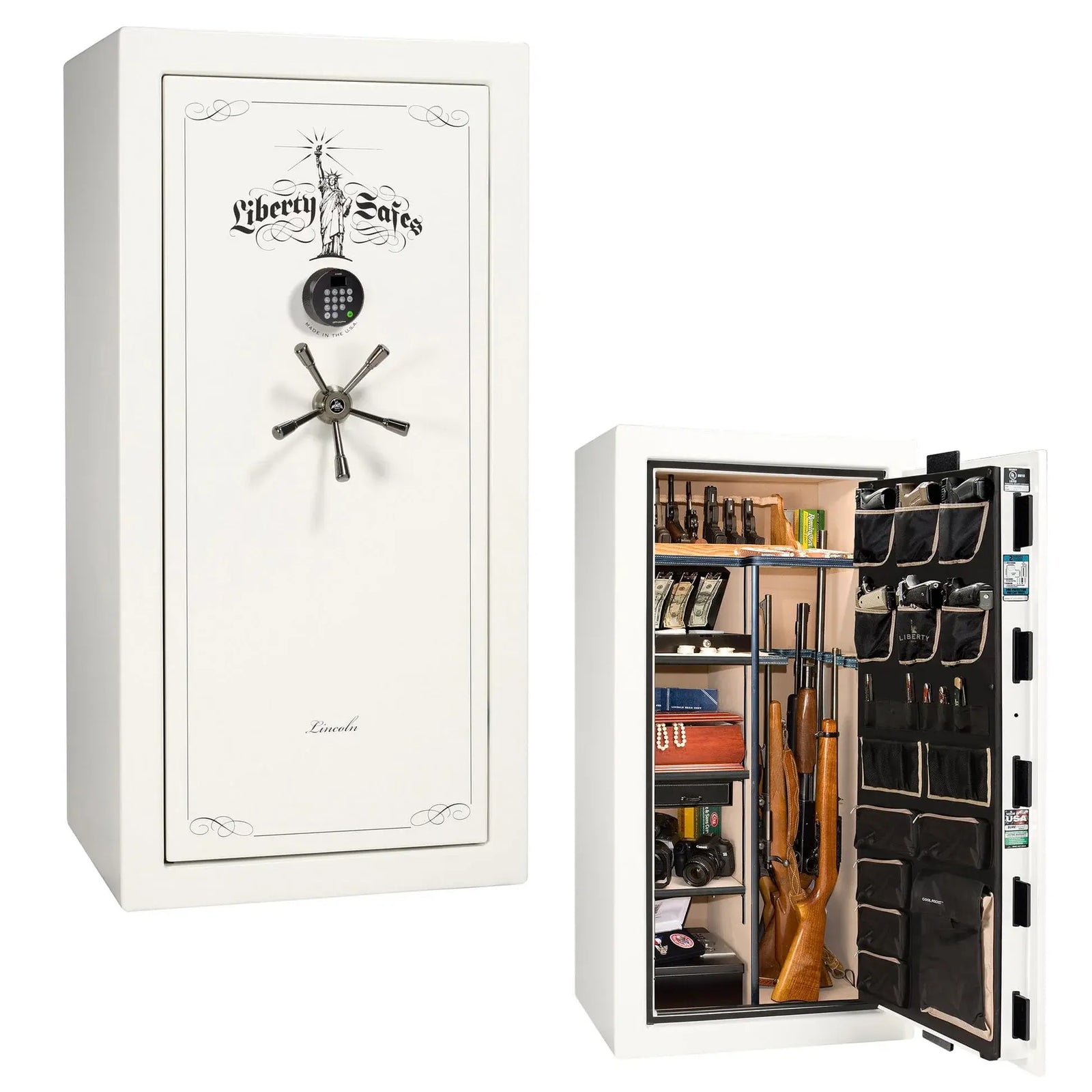 Liberty Lincoln 25 safe in White Marble with Black Chrome hardware – exterior with Standard interior