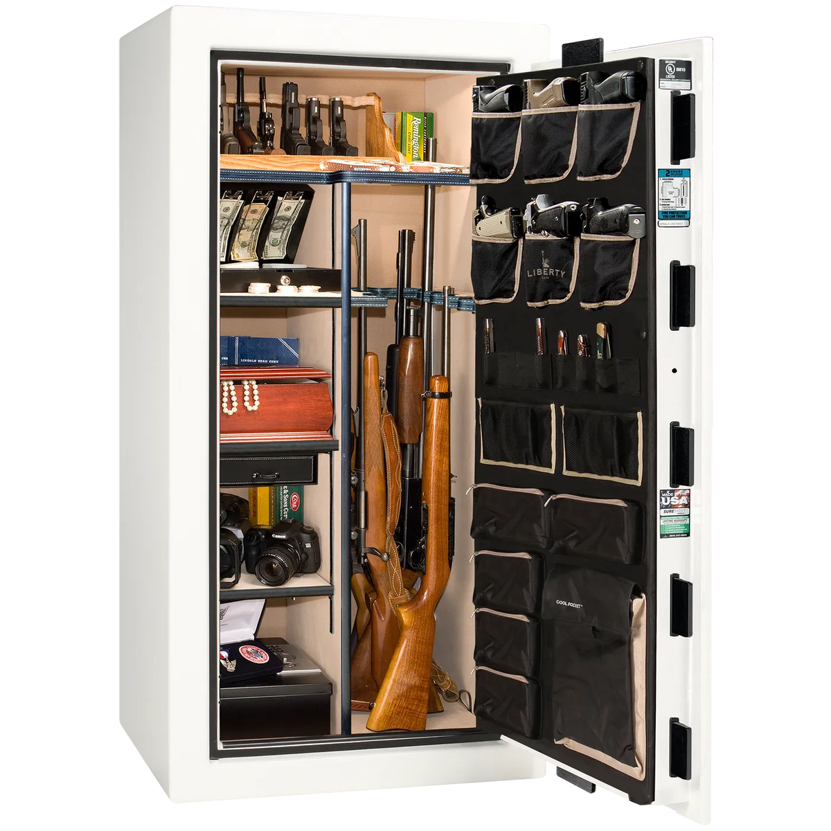 Interior of Liberty Lincoln 25 safe in White Gloss with Black Chrome hardware