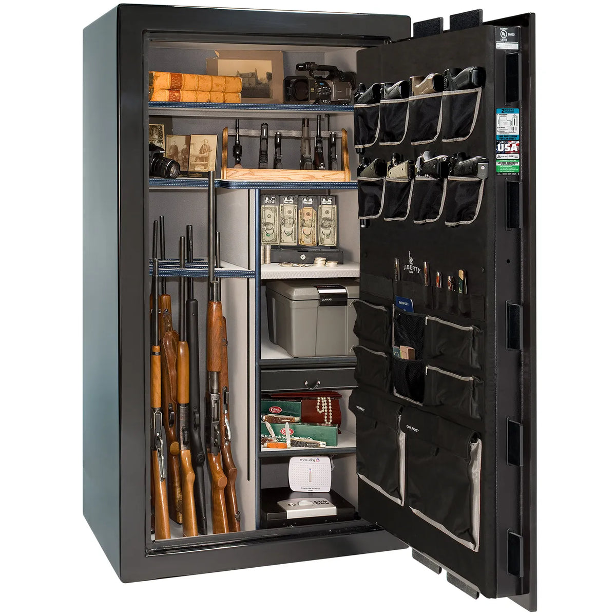Interior of Liberty Lincoln 40 safe in Black Mirror Gloss with Black Chrome hardware