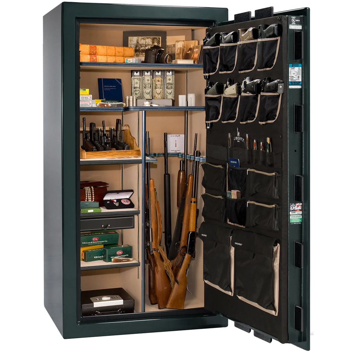 Interior of Liberty Lincoln 40 safe in Green Gloss with Black Chrome hardware