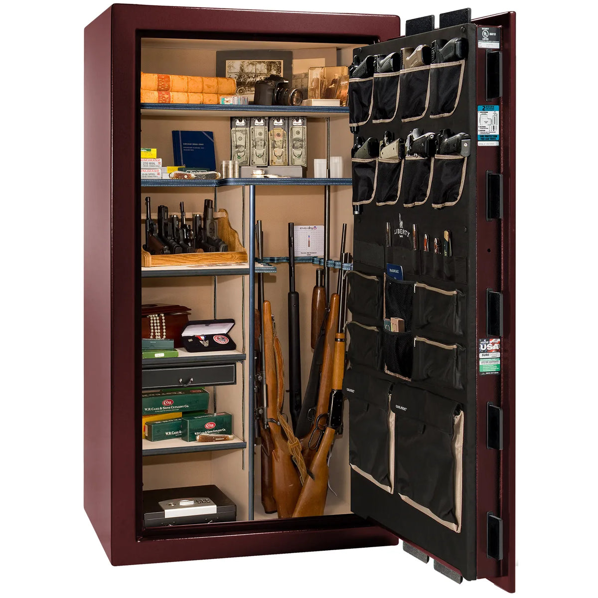 Interior of Liberty Lincoln 40 safe in Burgundy Marble with Brass hardware