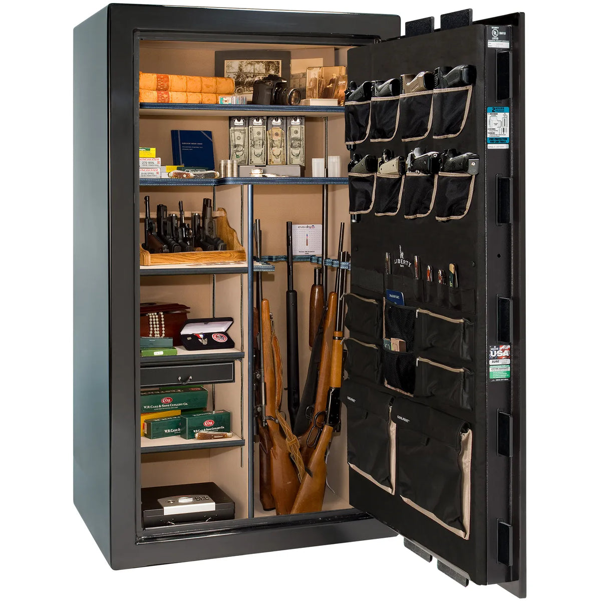 Interior of Liberty Lincoln 40 safe in Black Mirror Gloss with Brass hardware
