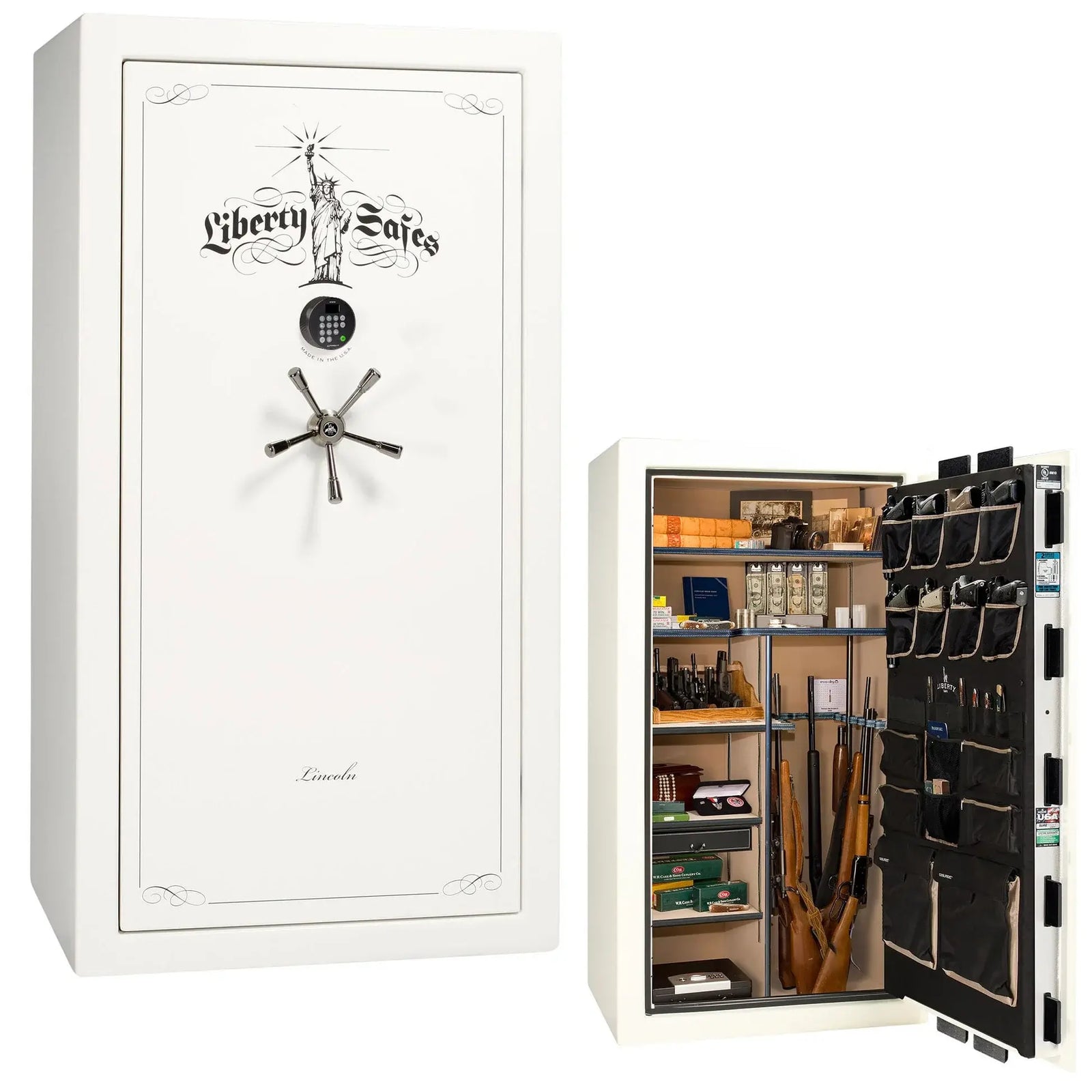 Liberty Lincoln 40 safe in White Marble with Black Chrome hardware – exterior with Standard interior