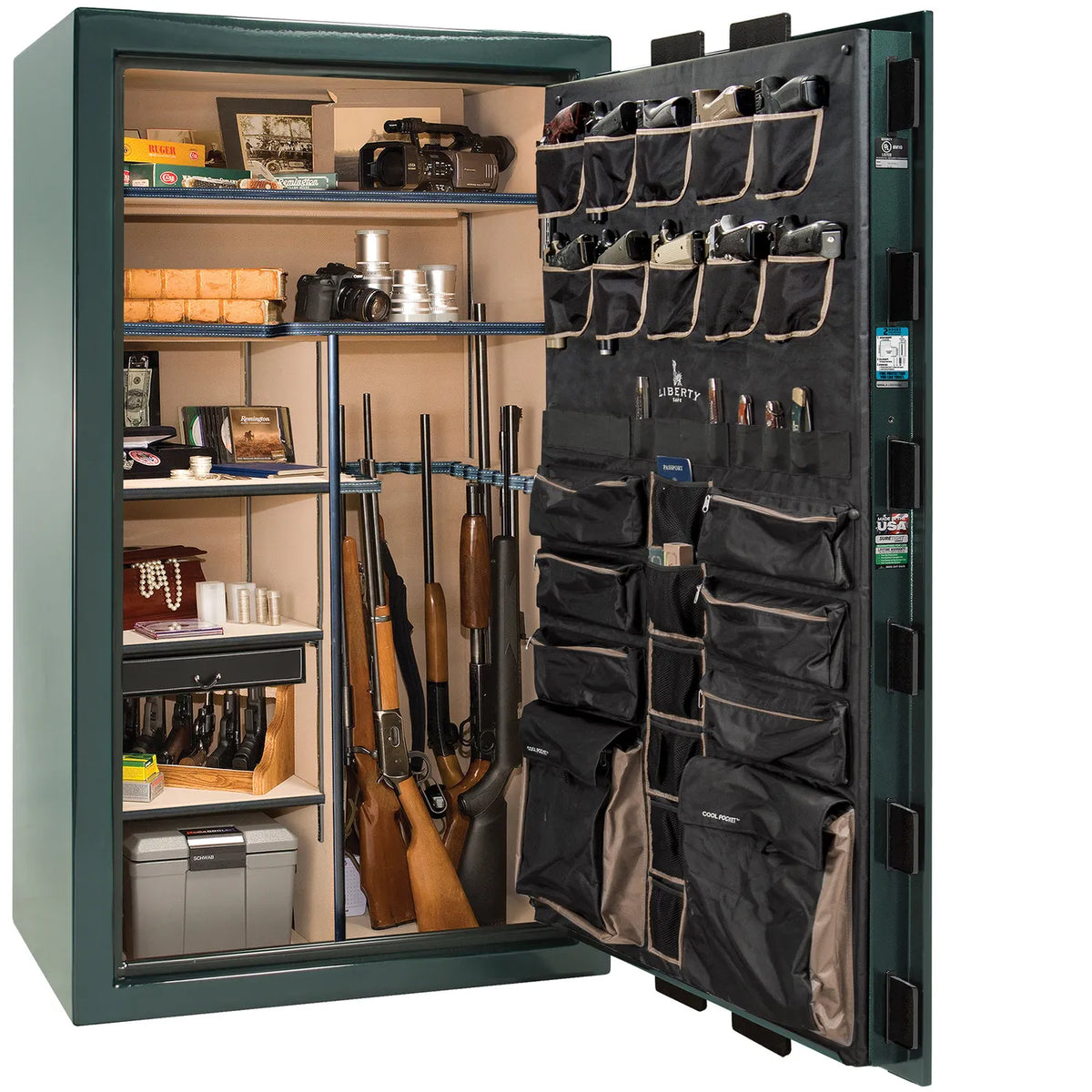 Interior of Liberty Lincoln 50 safe in Green Gloss with Black Chrome hardware