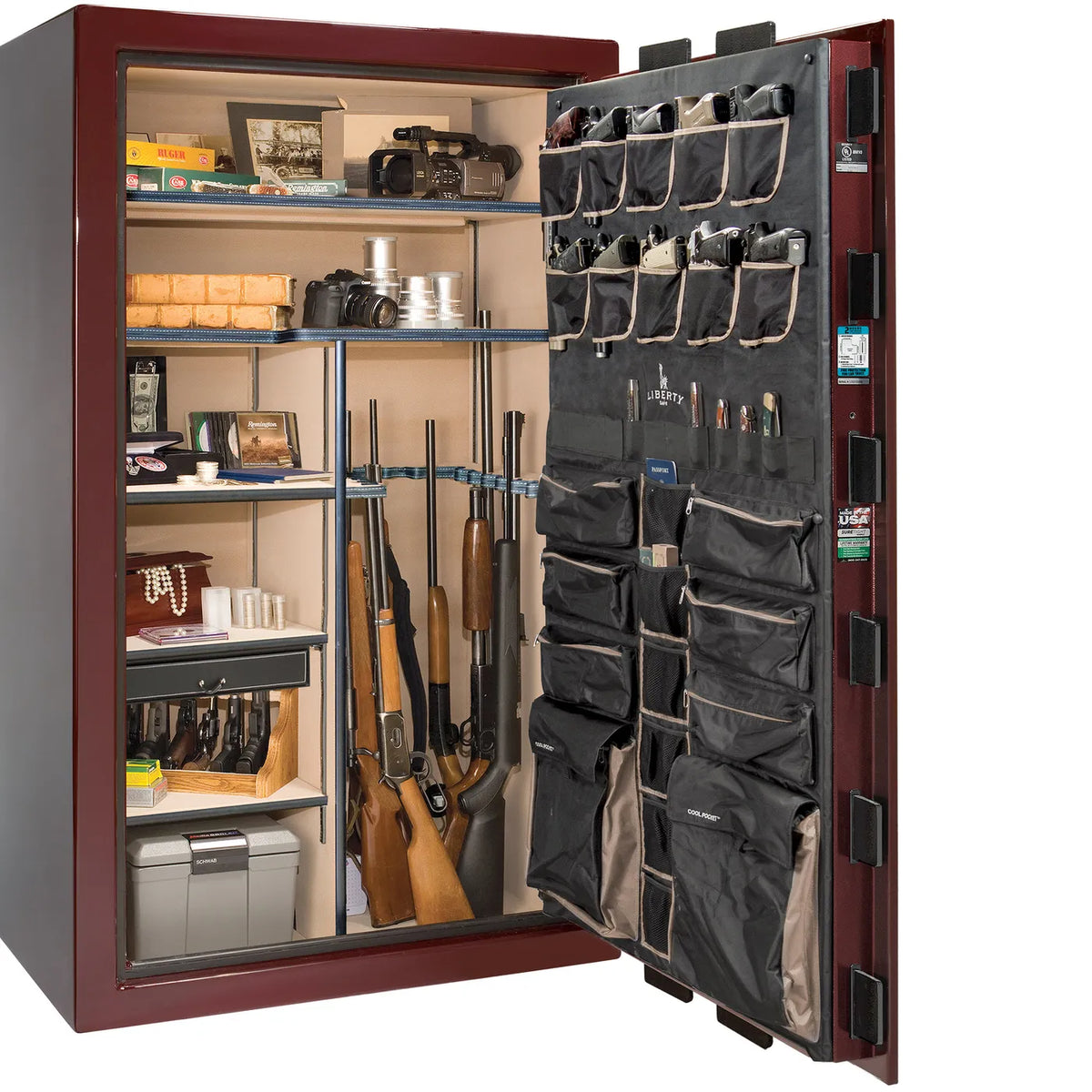 Interior of Liberty Lincoln 50 safe in Burgundy Gloss with Brass hardware