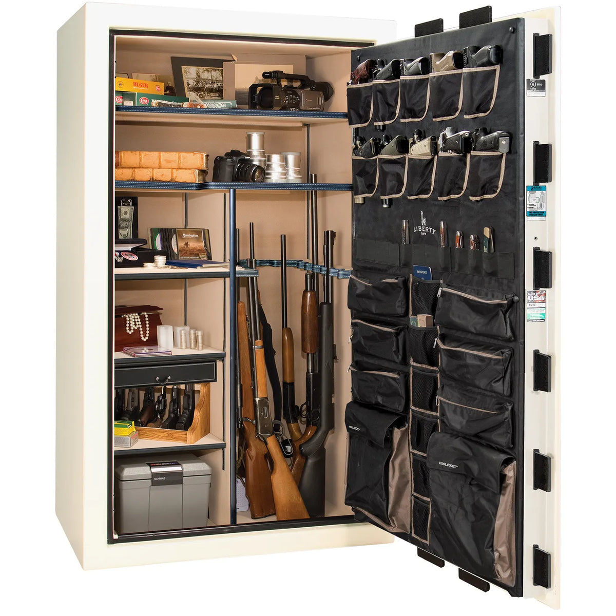 Interior of Liberty Lincoln 50 safe in White Gloss with Brass hardware