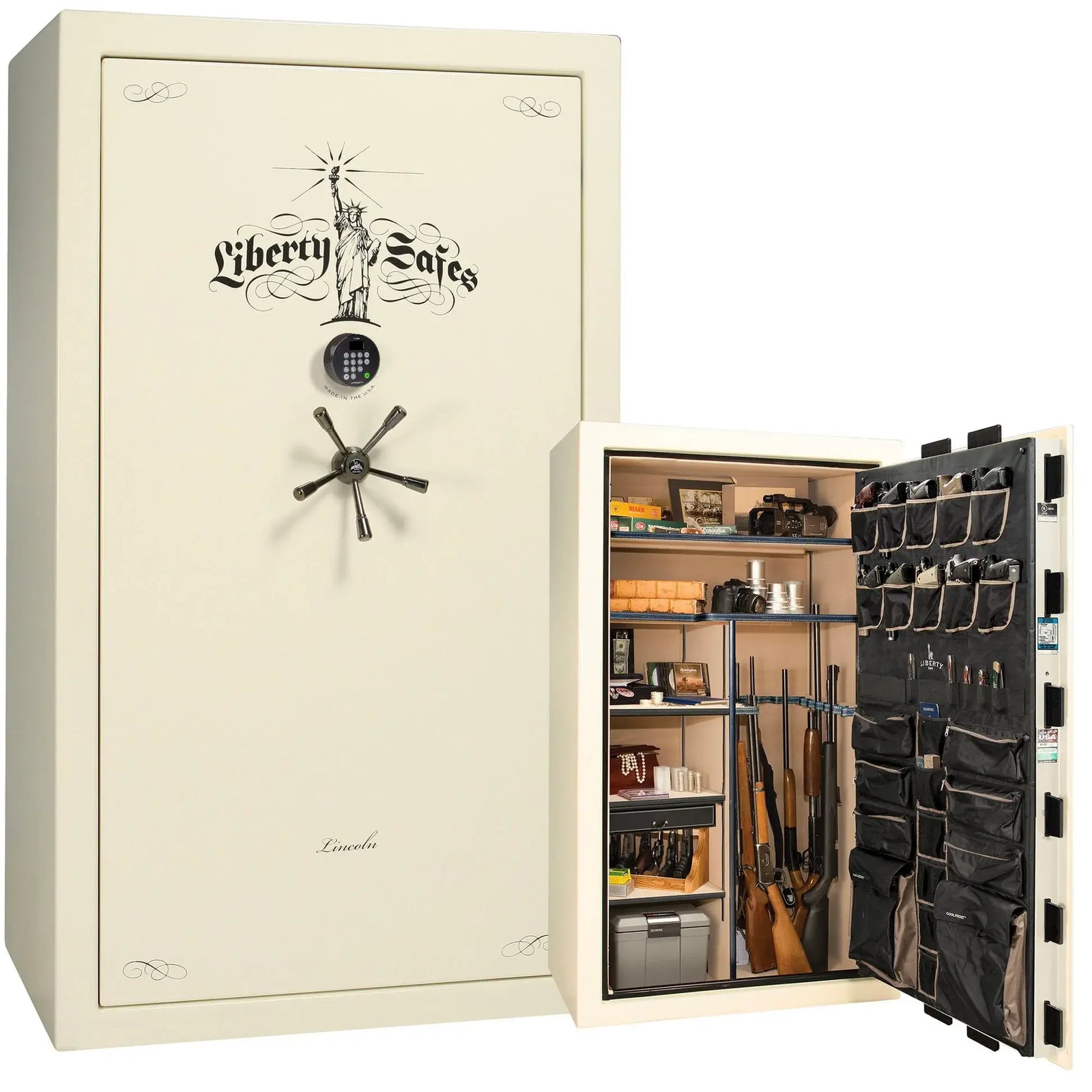 Liberty Lincoln 50 safe in White Marble with Black Chrome hardware – exterior with Standard interior
