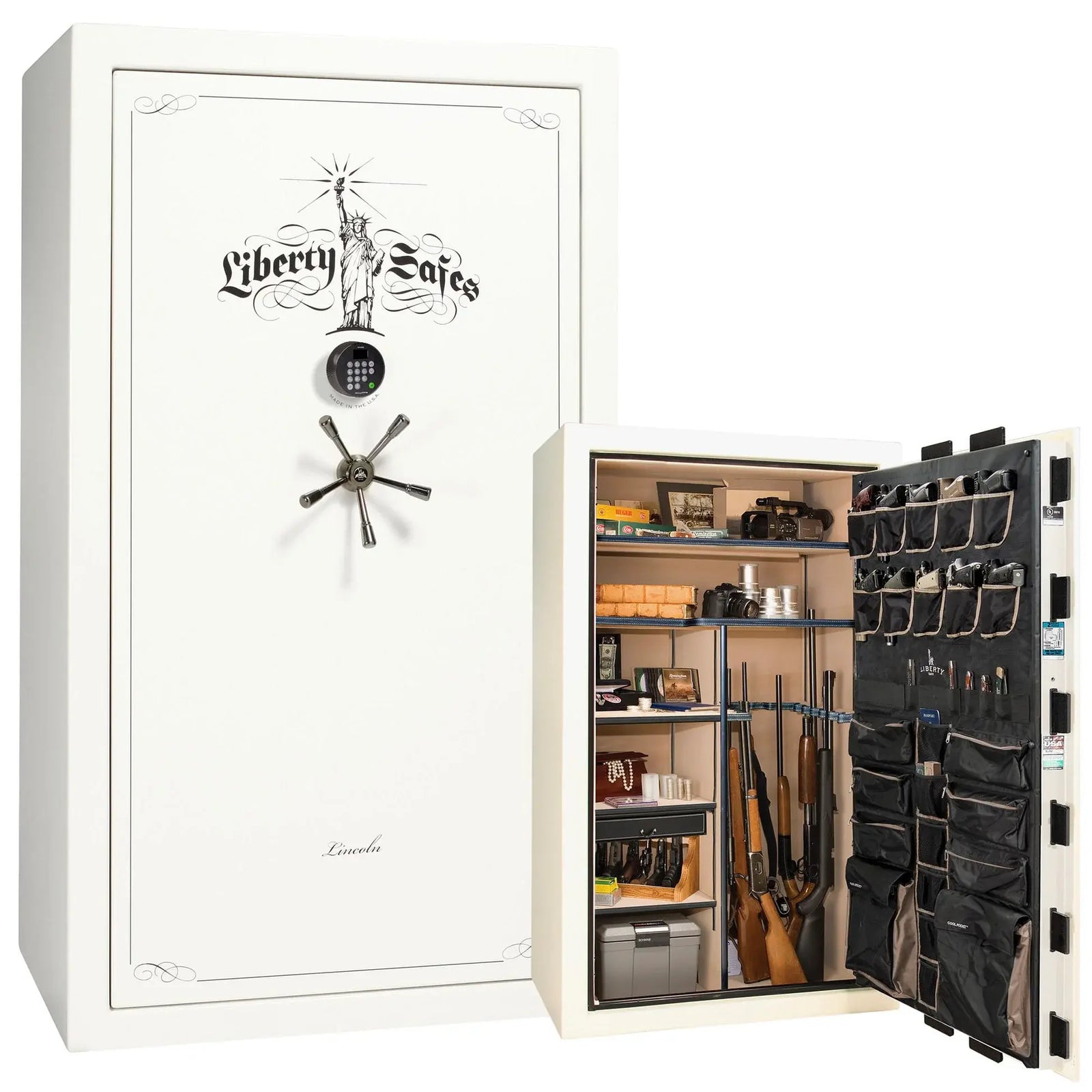 Liberty Lincoln 50 safe in White Marble with Black Chrome hardware – exterior with Standard interior