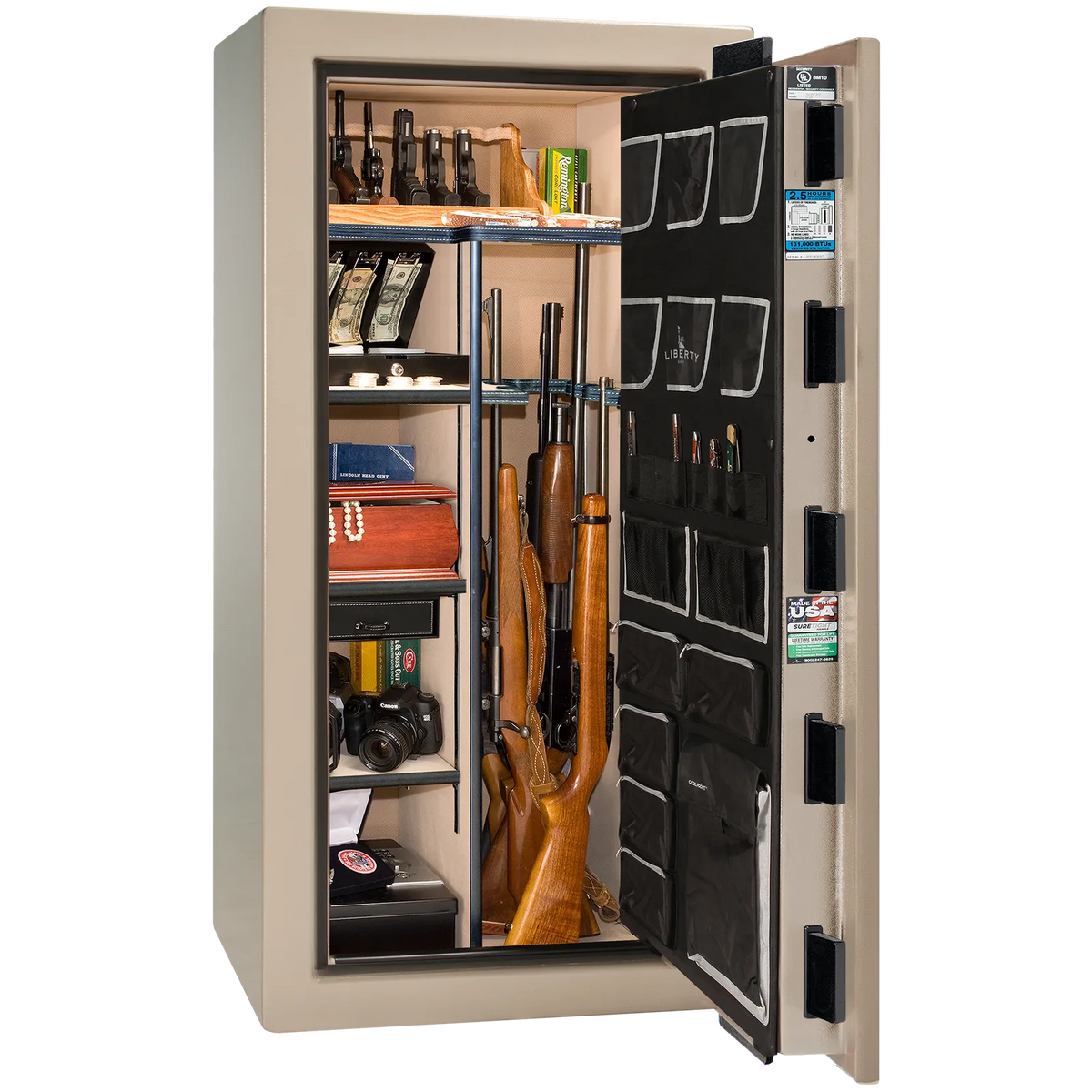 Premium interior of the Liberty Magnum 25 gun safe paired with the Champagne marble finish, featuring adjustable shelving, door organizer, long gun storage, and deluxe interior configuration.
