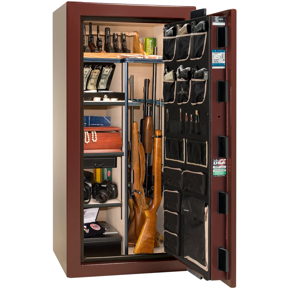 Premium interior of the Liberty Magnum 25 gun safe paired with the Burgundy marble finish, featuring adjustable shelving, door organizer, long gun storage, and deluxe interior configuration.