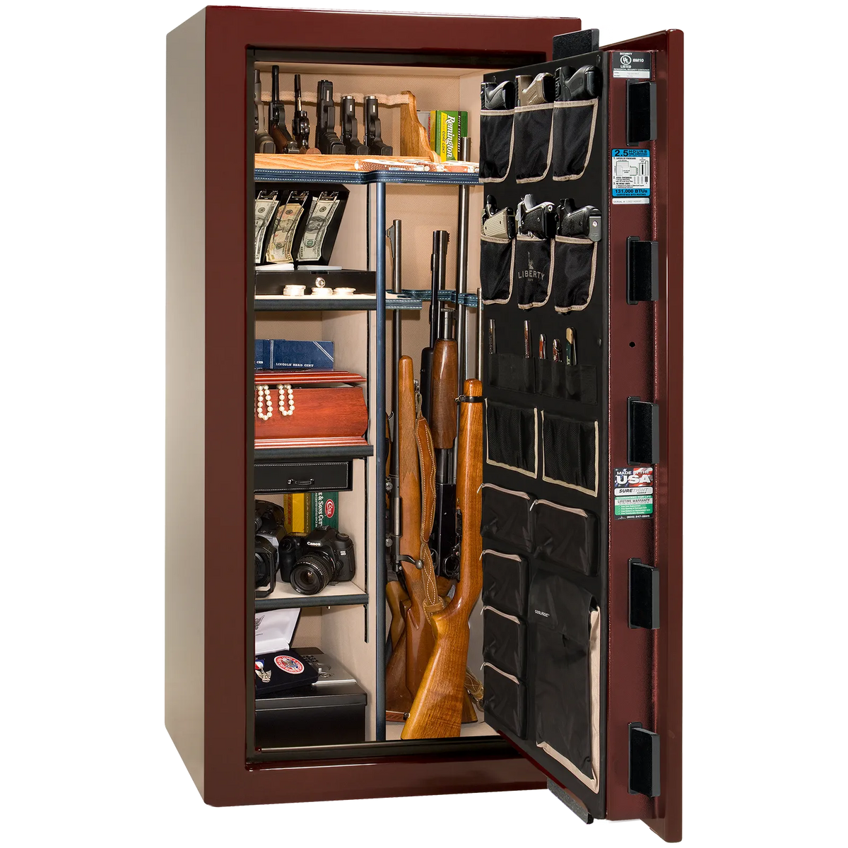 Premium interior of the Liberty Magnum 25 gun safe paired with the Burgundy gloss finish, featuring adjustable shelving, door organizer, long gun storage, and deluxe interior configuration.