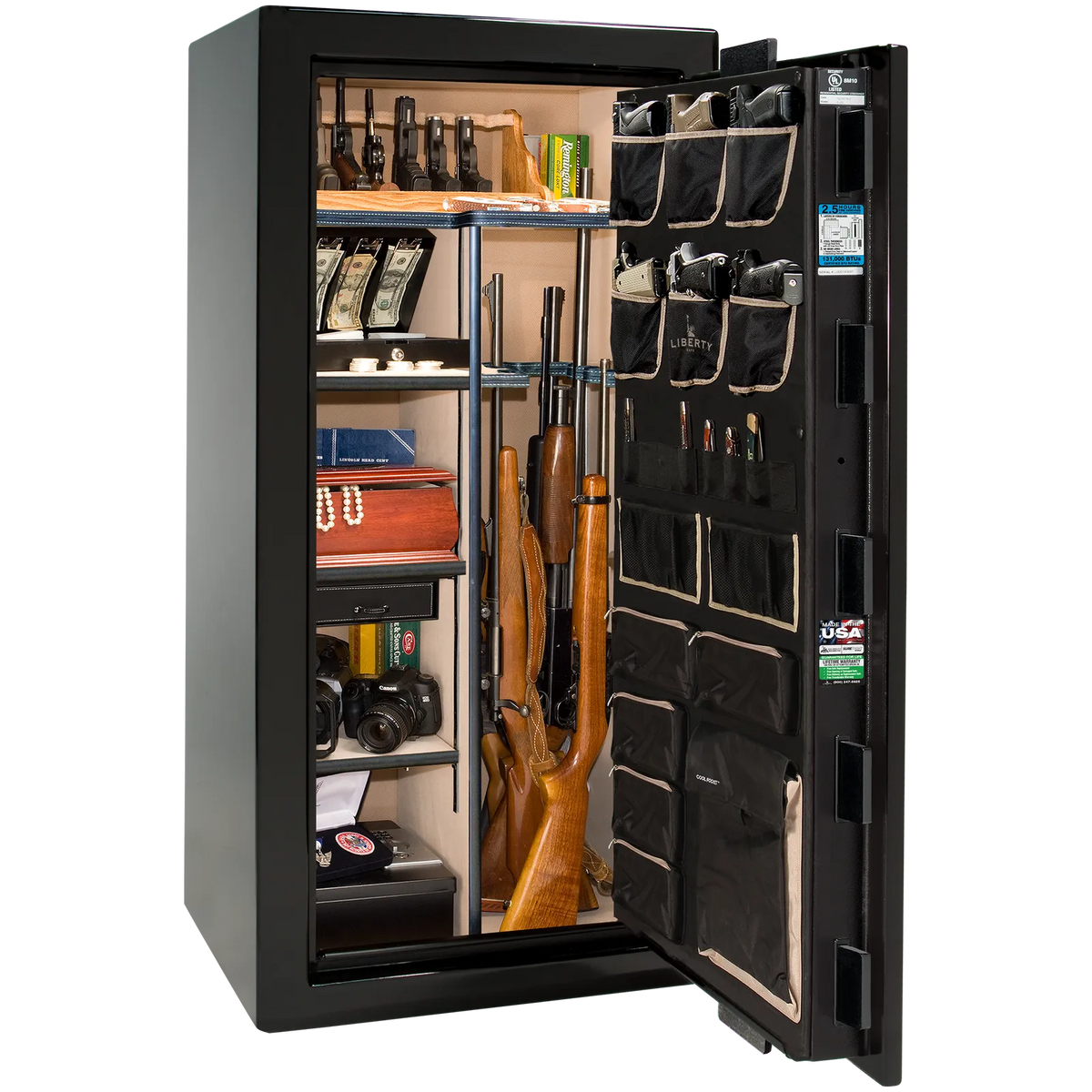Premium interior of the Liberty Magnum 25 gun safe paired with the Black Mirror gloss finish, featuring adjustable shelving, door organizer, long gun storage, and deluxe interior configuration.