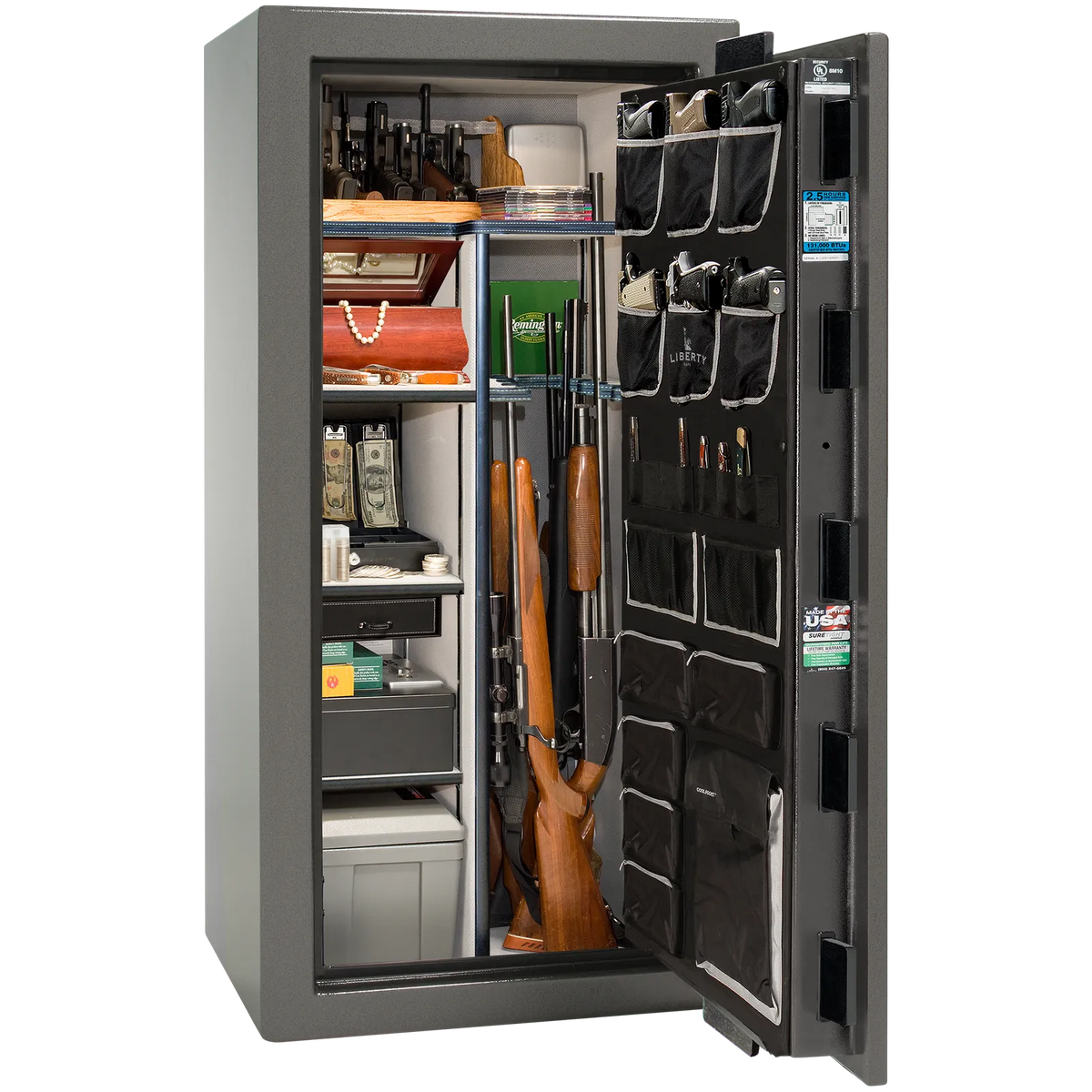 Premium interior of the Liberty Magnum 25 gun safe paired with the Gray marble finish, featuring adjustable shelving, door organizer, long gun storage, and deluxe interior configuration.