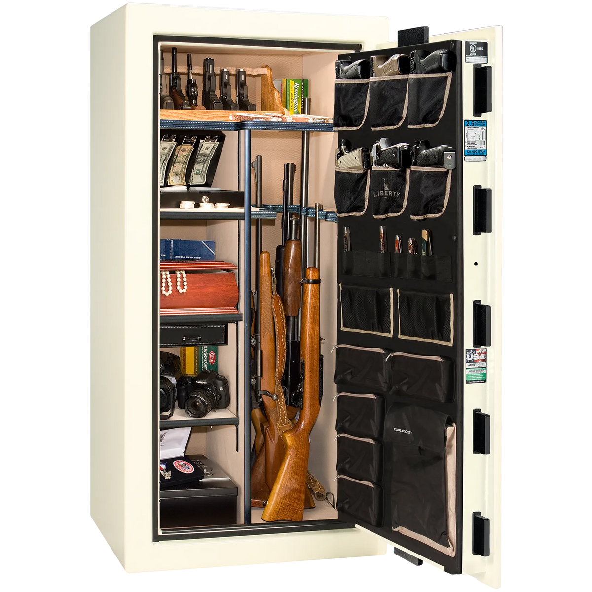 Premium interior of the Liberty Magnum 25 gun safe paired with the White marble finish, featuring adjustable shelving, door organizer, long gun storage, and deluxe interior configuration.