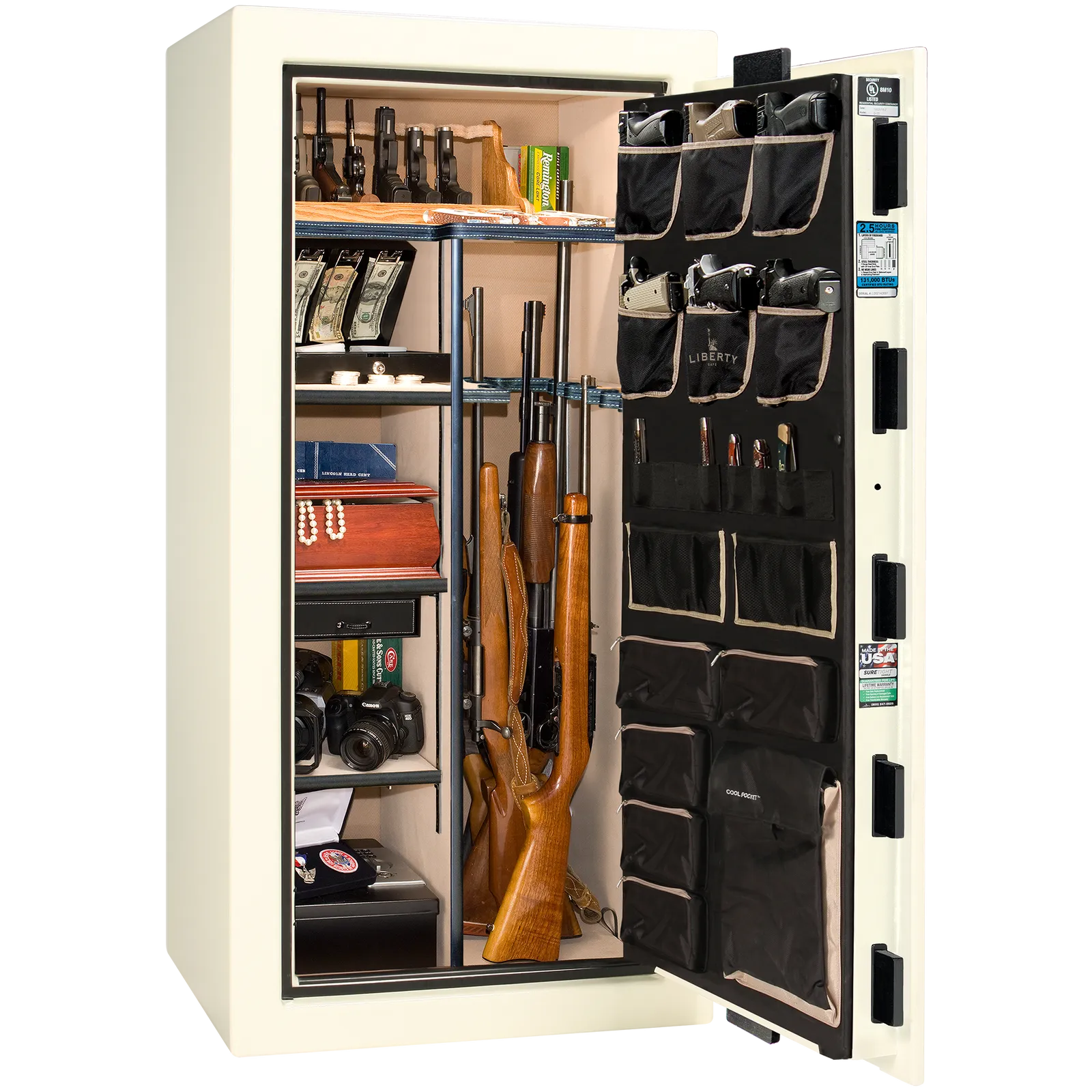 Liberty Magnum 25 gun safe in White marble finish with black chrome hardware and premium interior.