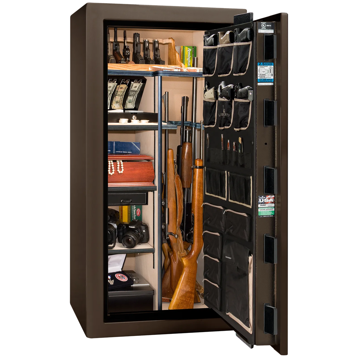Premium interior of the Liberty Magnum 25 gun safe paired with the Bronze gloss finish, featuring adjustable shelving, door organizer, long gun storage, and deluxe interior configuration.
