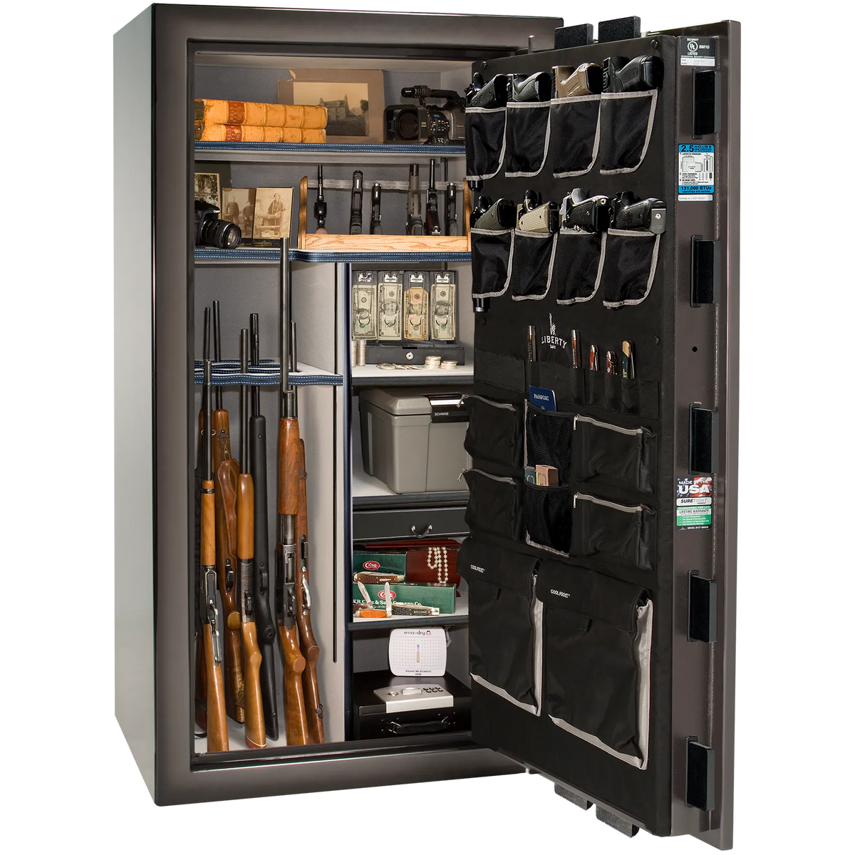 Premium interior of the Liberty Magnum 40 gun safe paired with the Gray Charcoal feathered edge finish, featuring adjustable shelving, door organizer, long gun storage, and deluxe interior configuration.