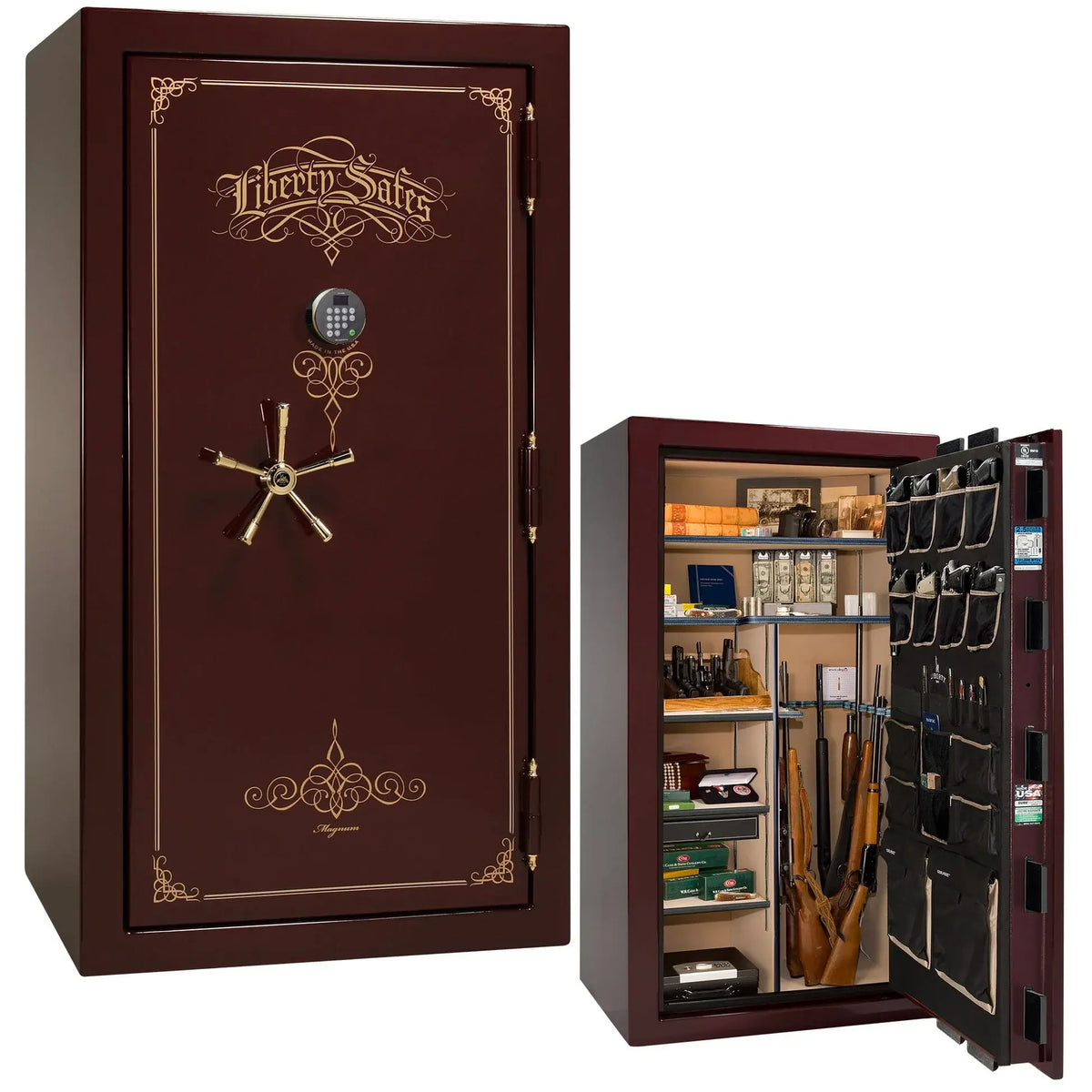 Liberty Magnum 40 gun safe in Burgundy marble finish with brass hardware and premium interior.